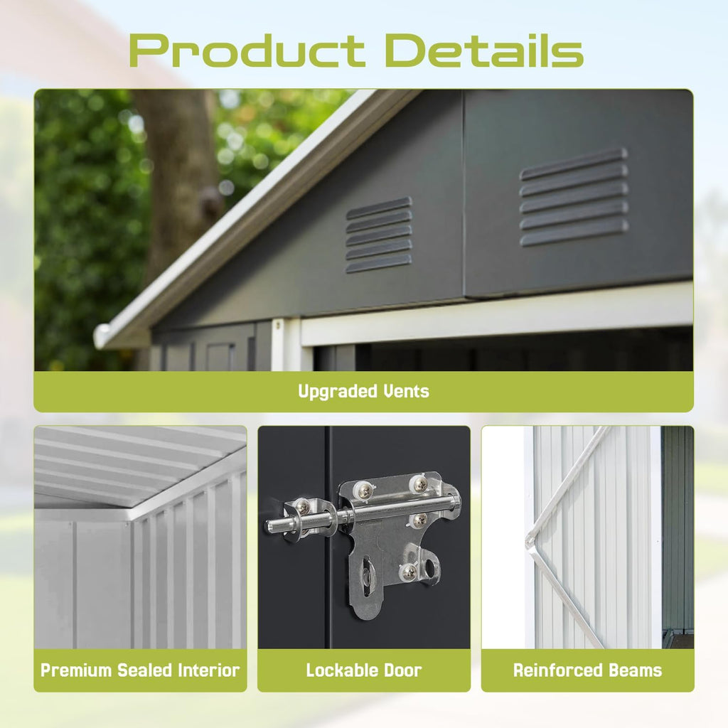 8' x 6' Outdoor Storage Shed, Sturdy Metal Building w/Lockable Doors for Garden, Backyard, Poolside and Lawn, Brown+White