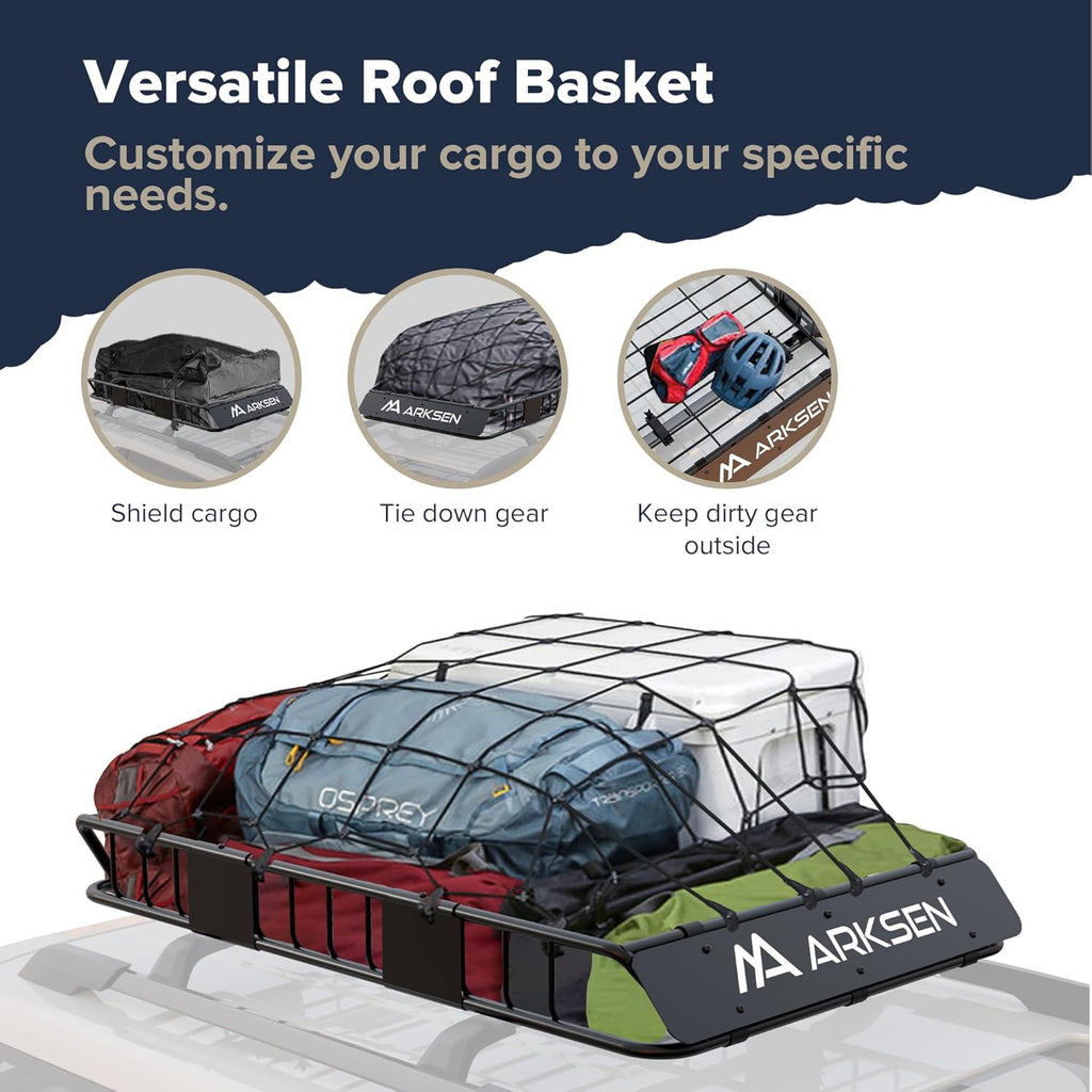 ARKSEN 54 x 34 x 6 Inch Universal Roof Rack with Extension, 600D Waterproof Bag, 2 Ratchet Straps&Net, 150 LBS Capacity Heavy Duty Rooftop Cargo Basket for SUV, Truck, RV, Pickup