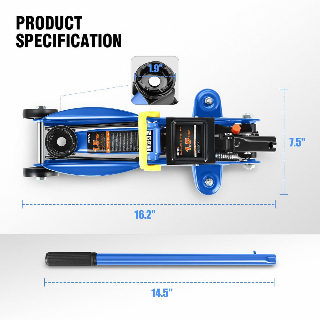 DNA MOTORING Low Profile Hydraulic Trolley Service/Floor Jack, 1.5 Ton (3000 lbs) Capacity, Lifting Range 5.3"-12",Blue,TOOLS-00327