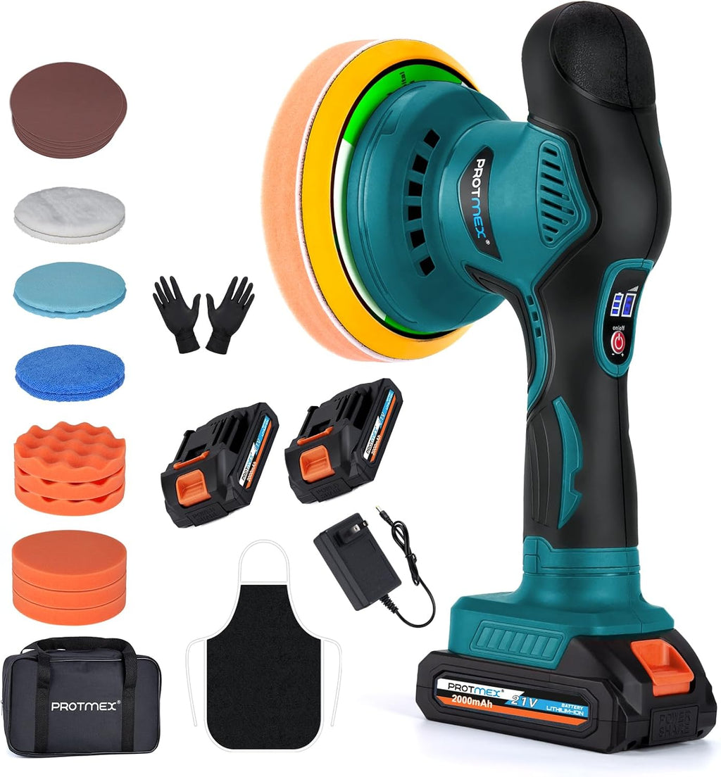 Cordless Car Buffer Polisher w/ 2x2000mAh 21V Batteries, 6 Inch Car buffer Waxer Kit, Car Polishing Machine w/ Extra 18 PCS Attachments & 6 Variable Speed, Car Buffer Polisher for Car Detailing (Blue)