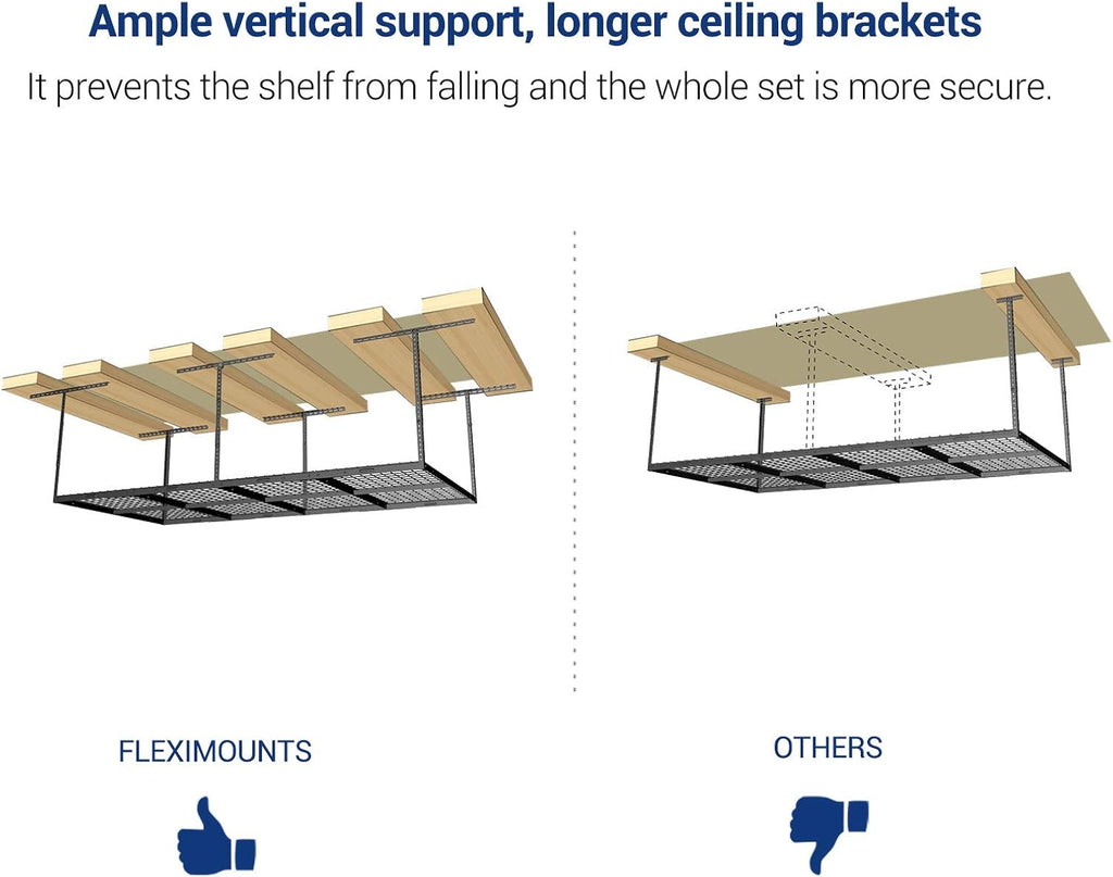 FLEXIMOUNTS 4x8 Overhead Metal Garage Storage Rack w/Hooks Adjustable Ceiling Storage Rack, 96" Length x 48" Width x 40" Height, 22''-40" Ceiling Dropdown, Black