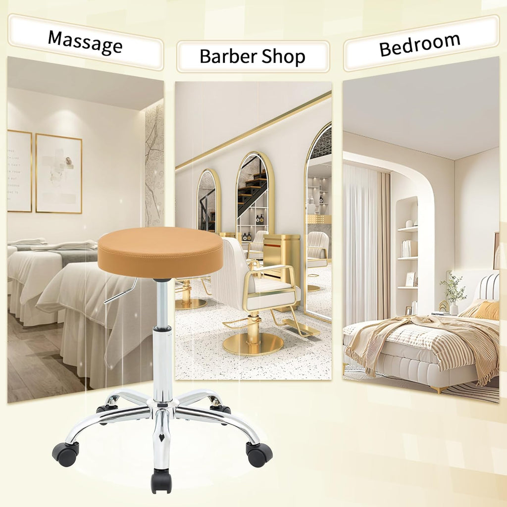 Rolling Massage Chair, Adjustable Hair Cutting Stool 19.5’’-26.6’’, Camel Brown Vanity Stool with Wheels (Camel Brown)