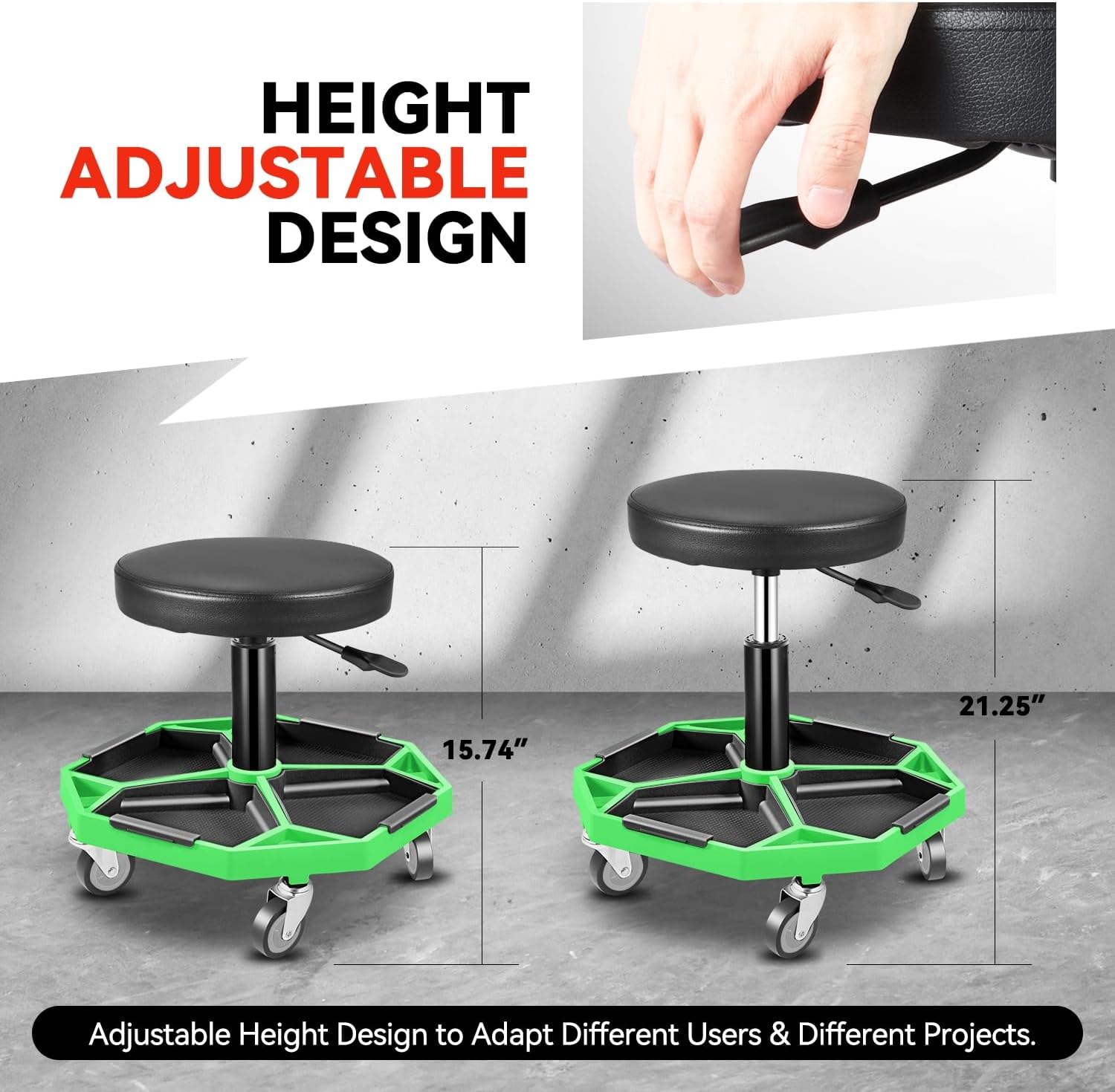 Auto Dynasty Mechanic Stool, Adjustable Rolling Pneumatic Creeper Garage Shop Seat with Tool Tray, 300 LBS Roller Seat for Workshop Auto Repair, Adjustable Height 15.7" to 21", Green