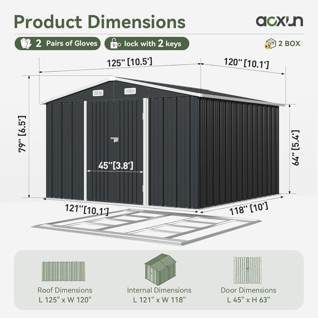 10x10 FT Shed Outdoor Storage Shed with Base, Large Shed Steel Utility Tool Shed Storage House with Door & Lock, Metal Sheds with Sloped Roof for Garden Patio Poolside, Black