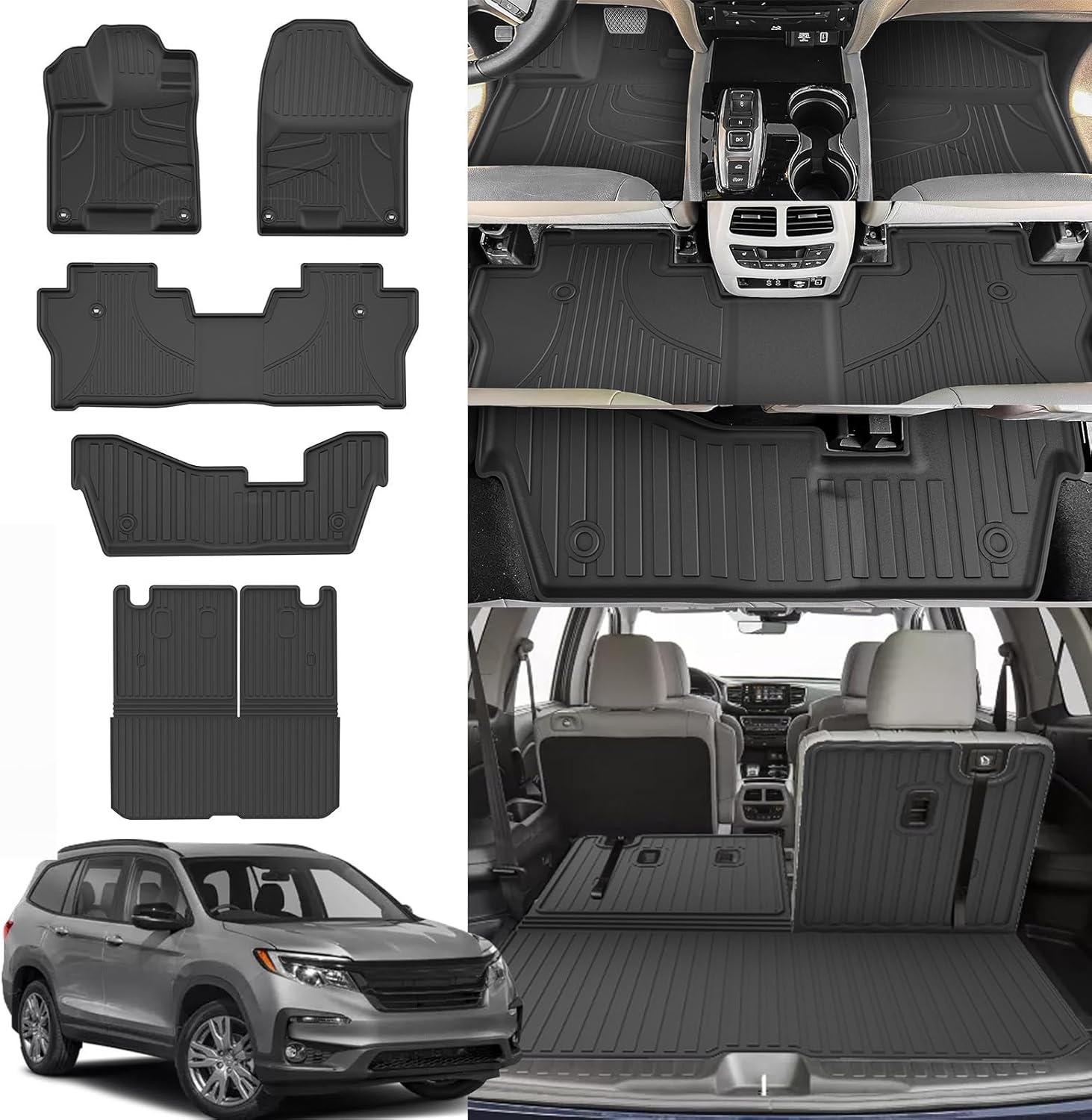 Floor Mats Compatible with Honda Pilot 8 Seats 2016-2022 (No Elite Models) - TTX LIGHTING All Weather Cargo Liner with Back Seat Cover TPE Trunk Mat & Backrest Mat & Floor Liners Pilot Accessories