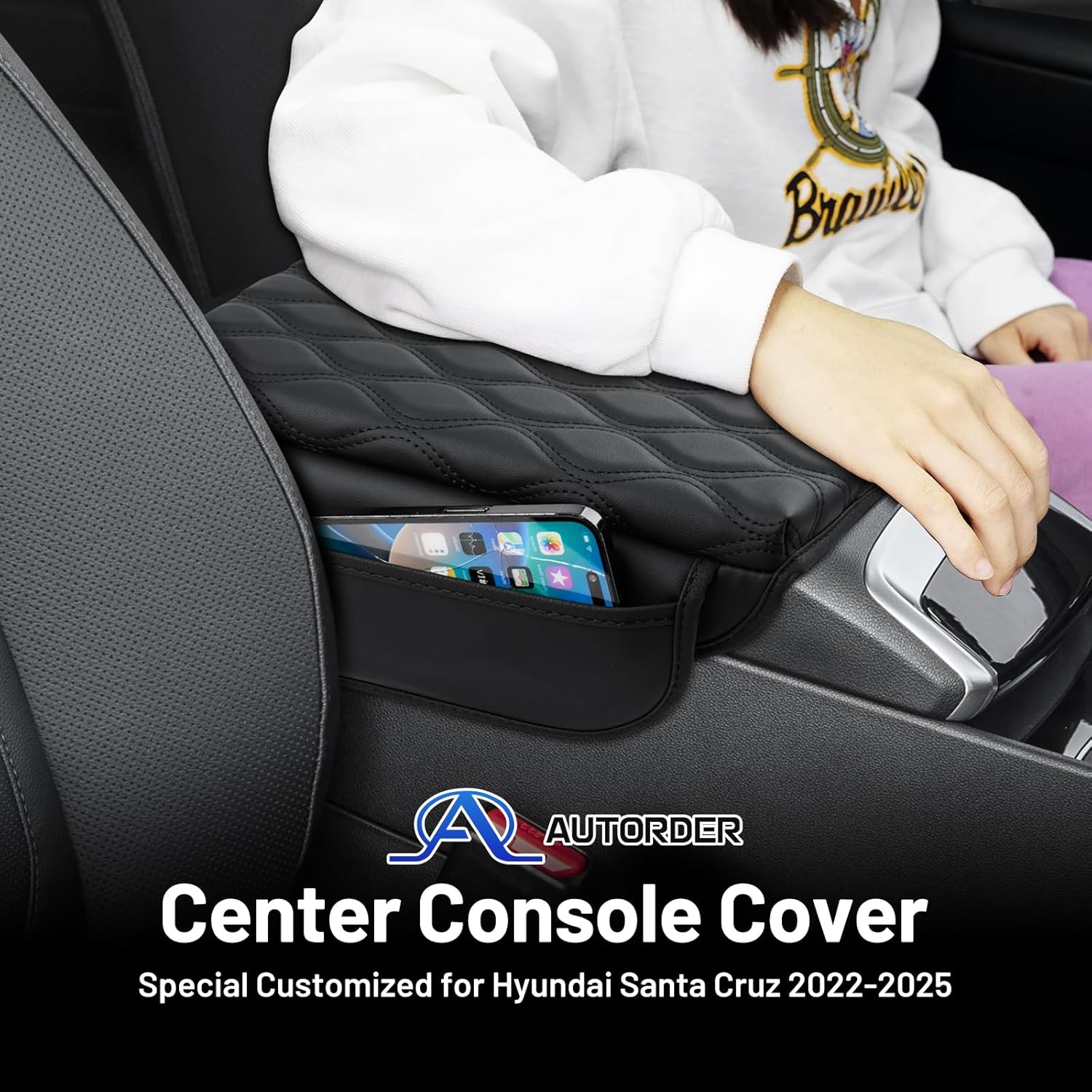 Autorder Center Console Cover for 2022-2025 2026 Hyundai Santa Cruz Accessories Armrest Cushion Cover with Pockets Storage Bag Nappa Leather Middle Console Covers Anti-Scratch Cushion Pad