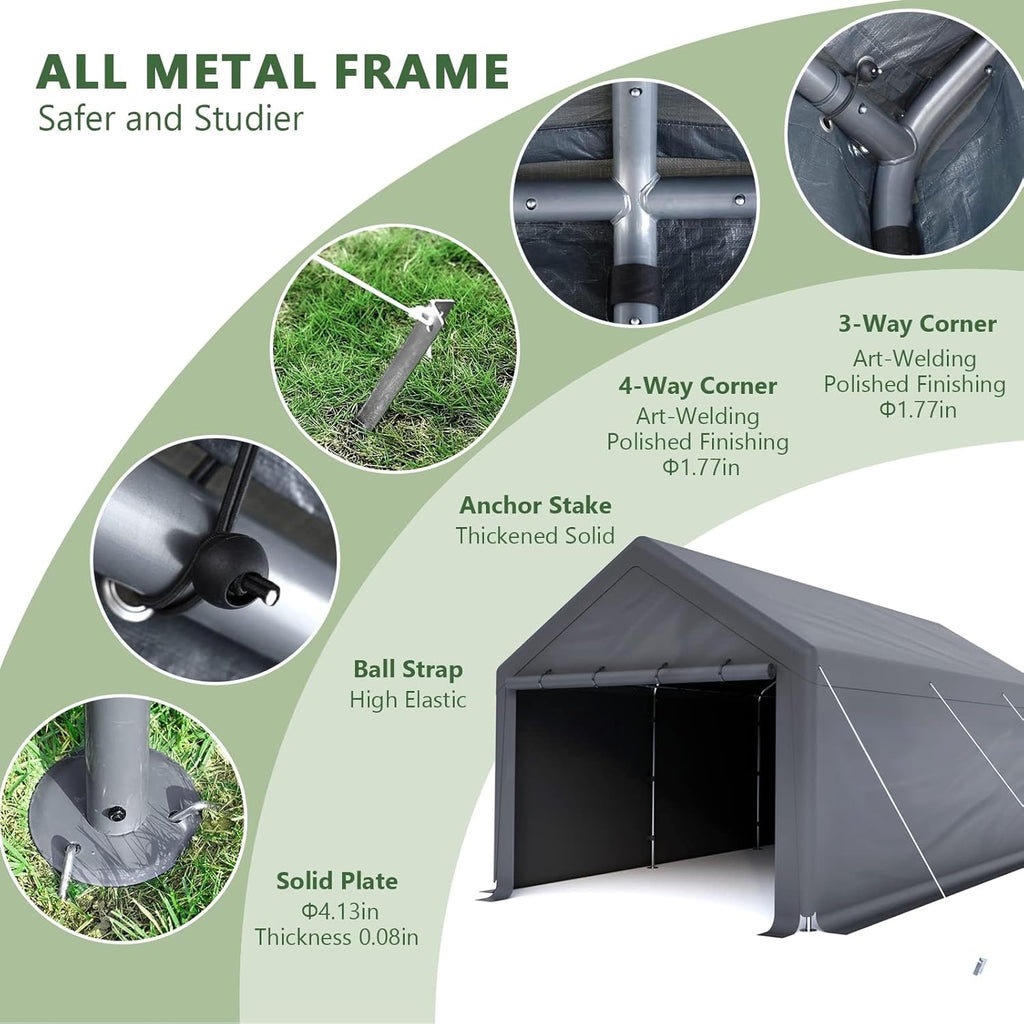 10x20ft Heavy Duty Carport with Removable Sidewalls,All Weather Carport Garage Party Tent Large Outdoor Canopy Storage Shed for Auto,Truck,Boat,Party (Grey)