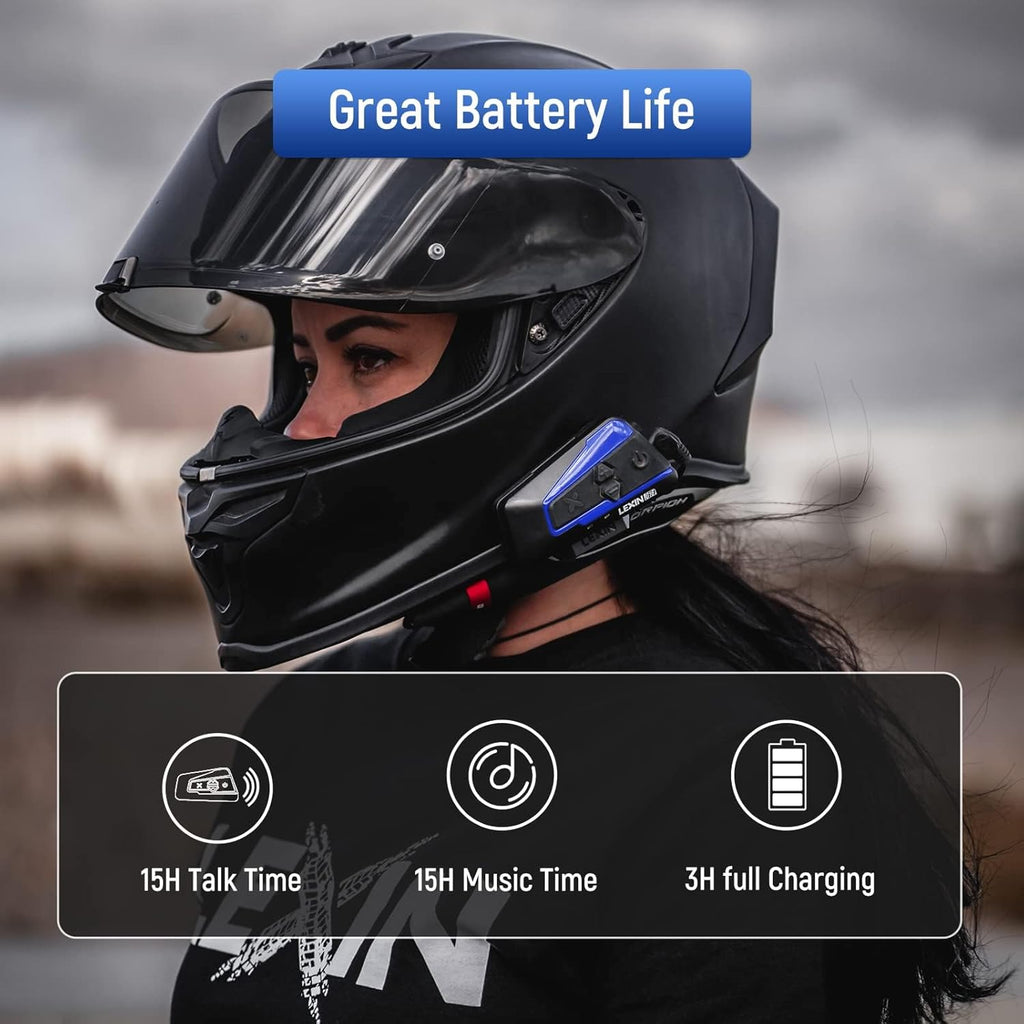 LEXIN B4FM Motorcycle Bluetooth Headset, 10 Riders Helmet Bluetooth Intercom, Universal IP67 Communication Systems with Music Sharing, Noise Cancellation, FM Radio, Fit for Snowmobile, 2 Pack