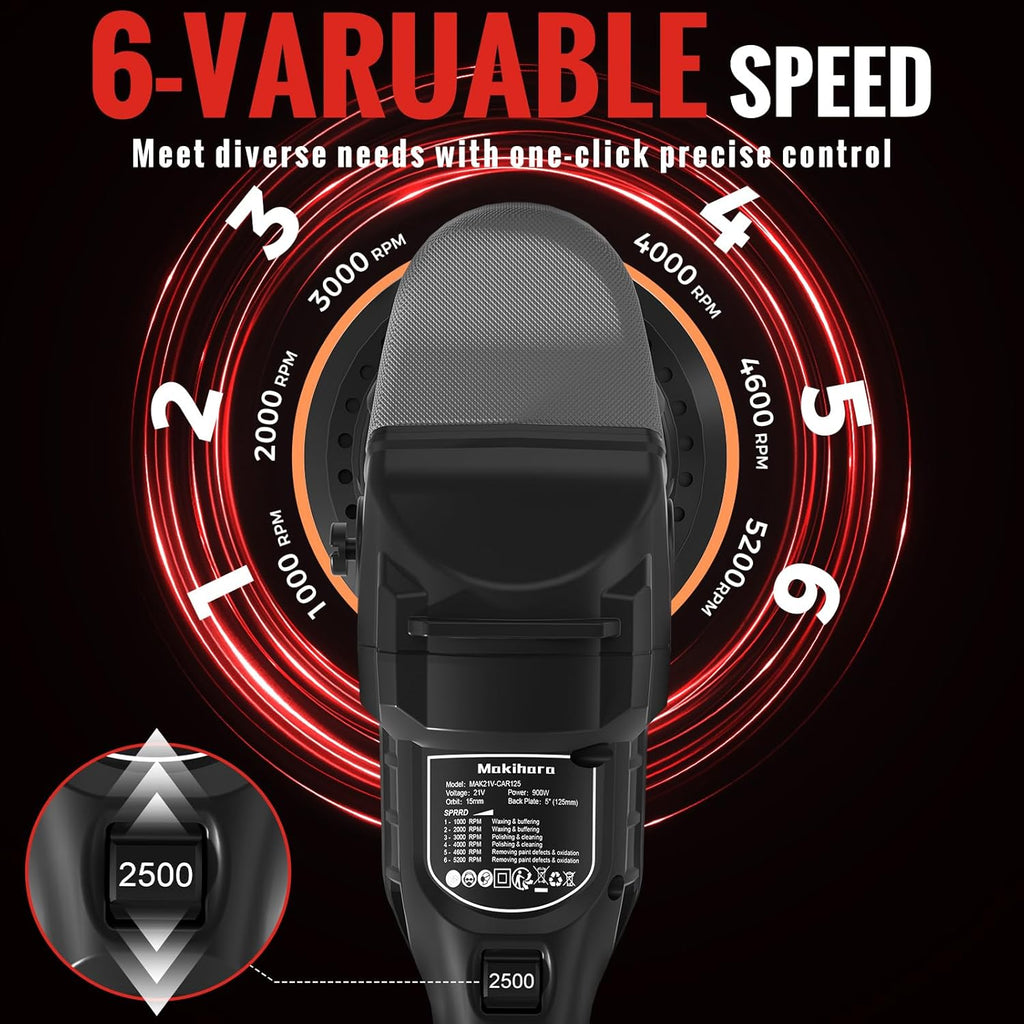 Cordless Buffer Polisher, 5 Inch Random Orbital Car Polisher Waxer, 6 Variable Speed 1000-5200 RPM, 21V 3.0Ah Batteries , 28Pcs Polishing Kit,for Car Polishing, Waxing, Boat Sanding, Scratch Removing
