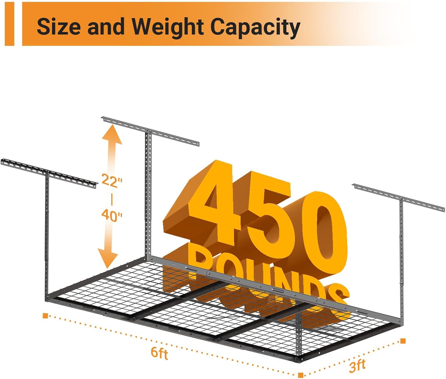 3x6ft Overhead Garage Storage Rack, Heavy Duty Metal Ceiling Shelf, 22'' to 40" Adjustable Dropdown, 450lbs Loading Weight Capacity, Black