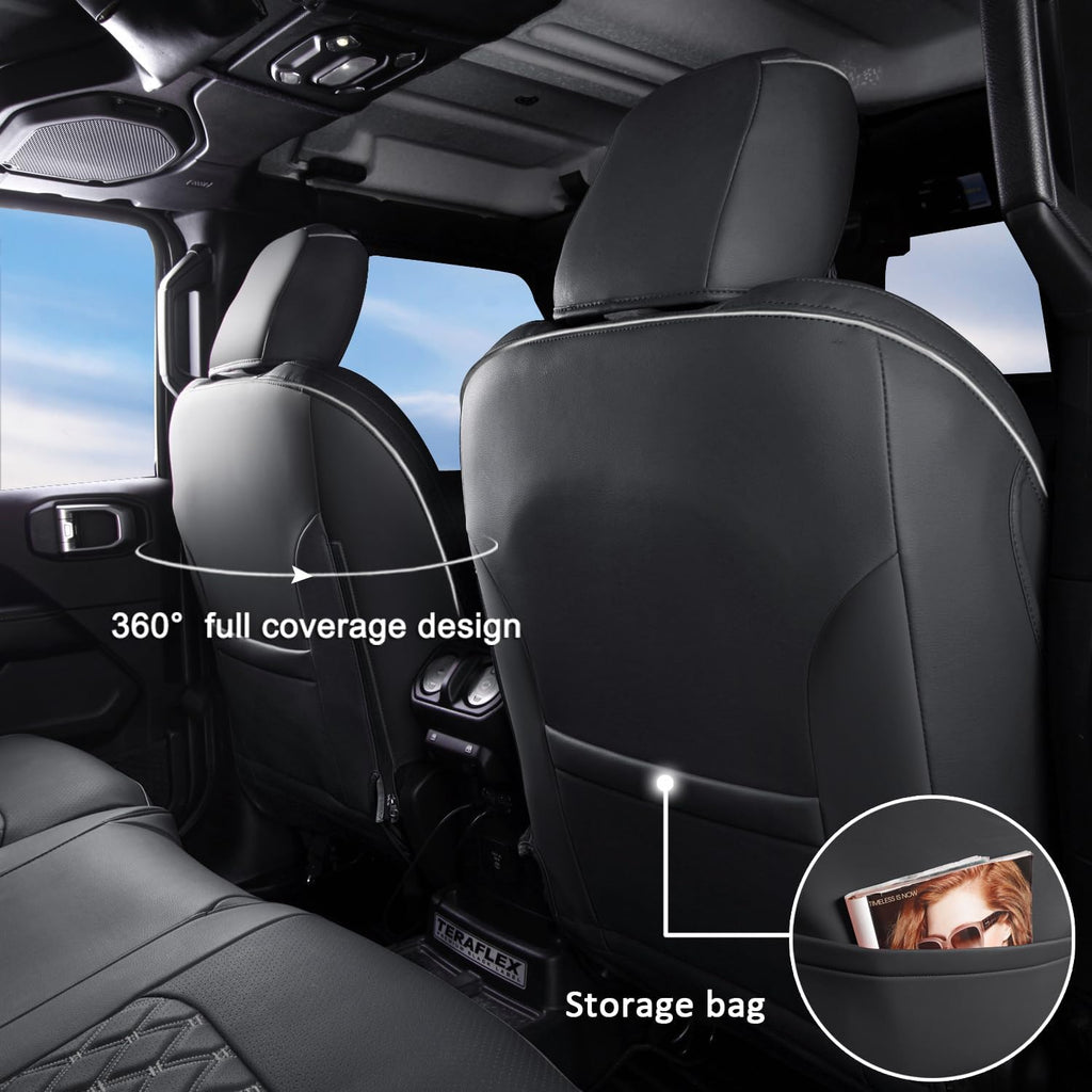GIANT PANDA Fit Full Set Car Seat Covers for Jeep Wrangler 4 Door JL Sahara Altitude Rubicon 392 Unlimited 2018 2019 2020 2021 2022 2023 2024 2025 with Rear Cup Holder,Faux Leather - (Black+Gray)
