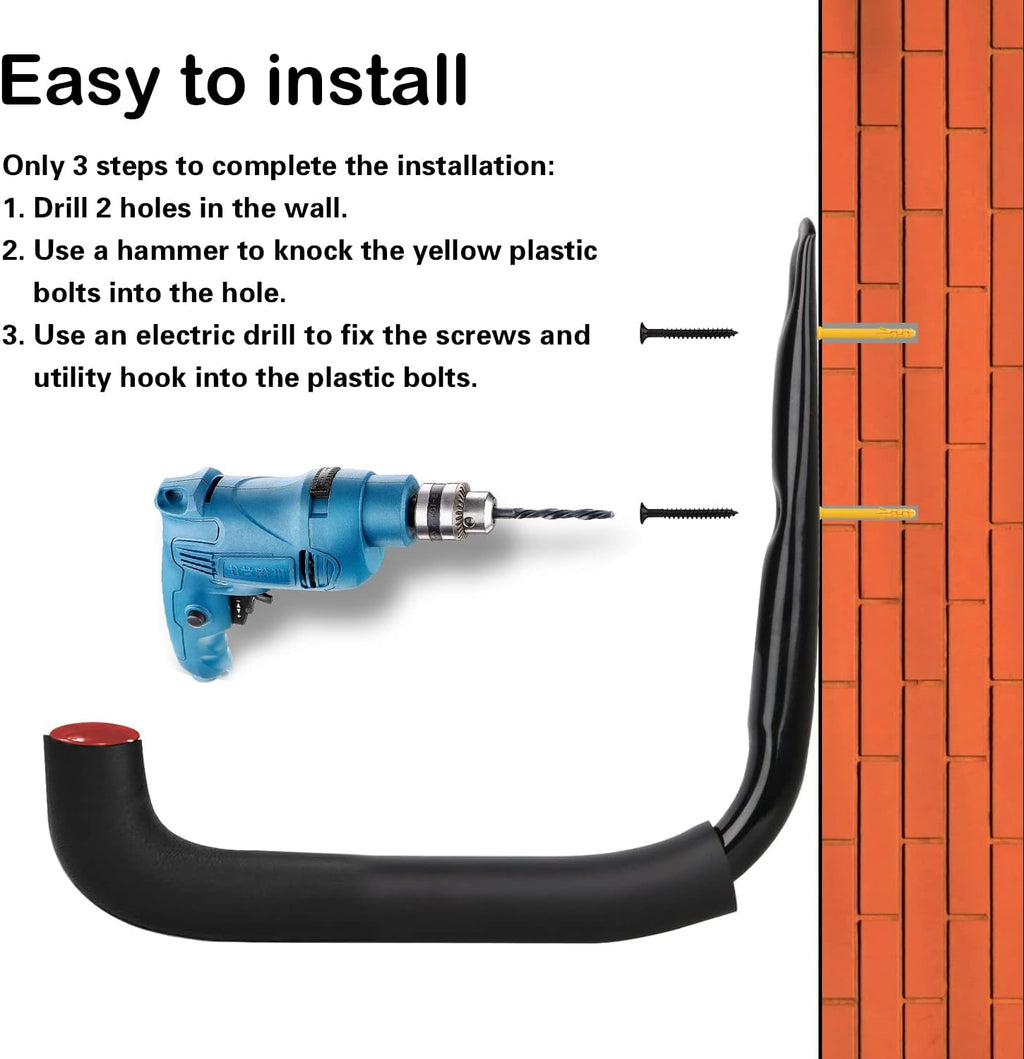 6 Set Garage Hooks - Wall Mounted, Heavy Duty, 7 Inch Large, Extension Cord Hanger, J Hooks for Ladder, Mowers, Cable Bracket - Black