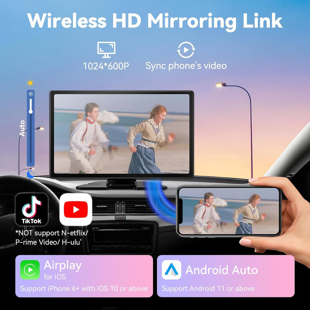 Wireless Carplay Screen for Car, 9" Android Auto Screen with 4K Dashcam, A-pple Carplay Screen for Car with 1080p Backup Camera, Mirror Link, TF Card, GPS Navigation, Bluetooth, AUX, FM, Voice Control