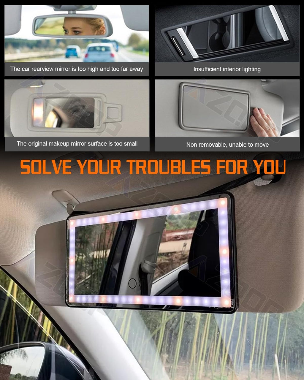 2PCS Car Sun Visor Vanity Mirror, Rechargeable Makeup Mirror with 3 Light Modes, Dimmable Touch Control, Rear View Sun-Shading Cosmetic Mirrors, Universal for Truck SUV, Ideal Gift for Women (White)