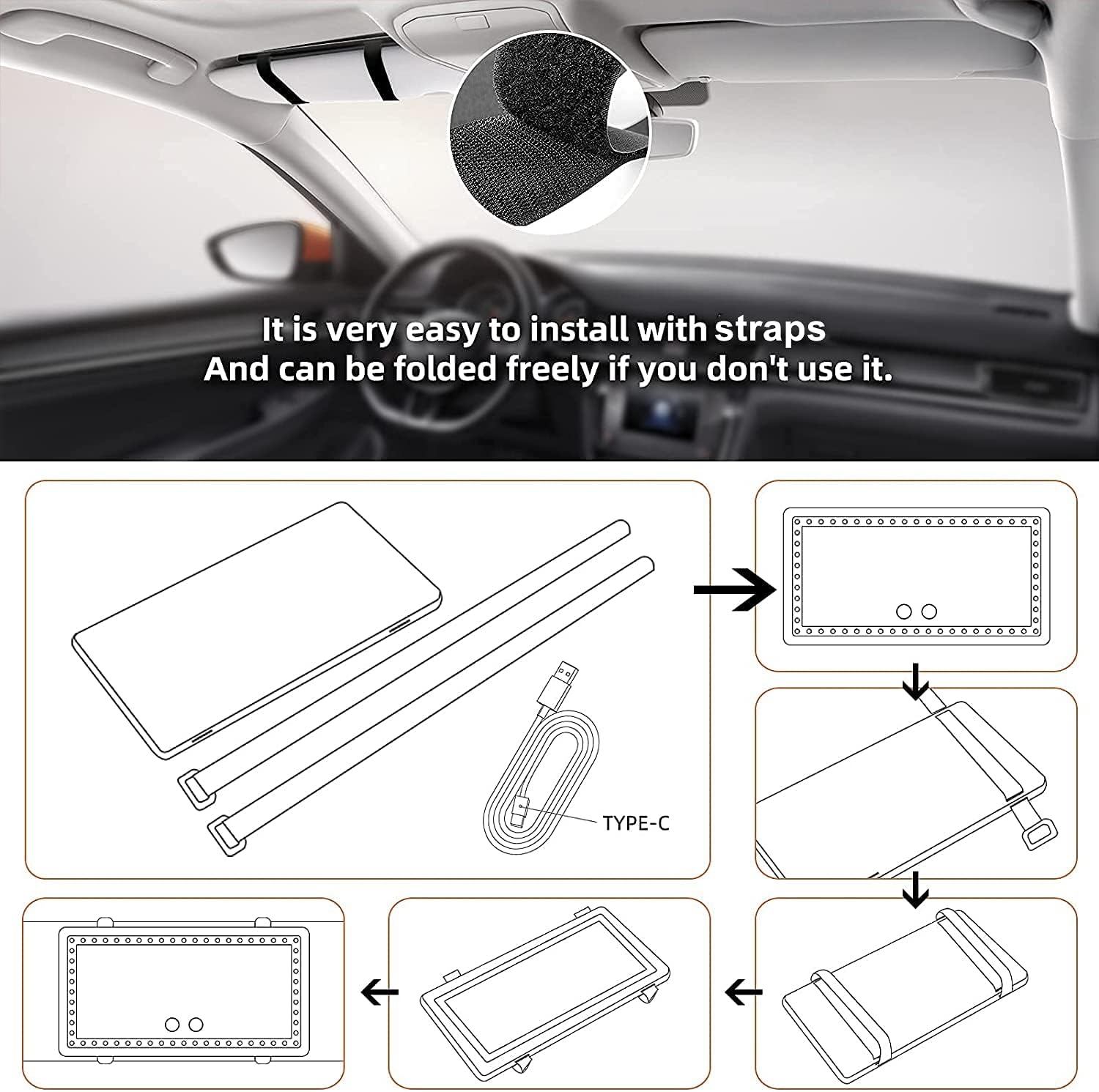 Car Sun Visor Vanity Mirror, with 3 Light Modes & 60 LEDs - Rechargeable Dimmable Clip-on Rear View Sun-Shading Cosmetic Makeup Mirror, Universal for Car SUV(Black)