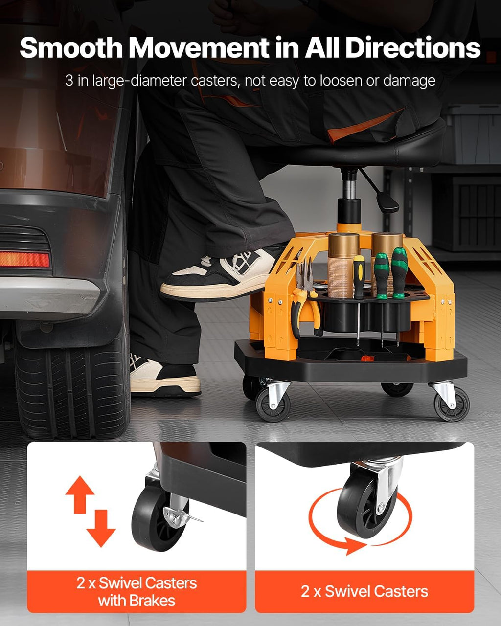 VEVOR Garage Stool, Rolling Mechanic Stool with Dual Storage Trays, Pneumatic Height 23.6–29.5 in, Soft Waterproof Cushion, 360° Swivel Casters for Garage, Shop & Auto Repair
