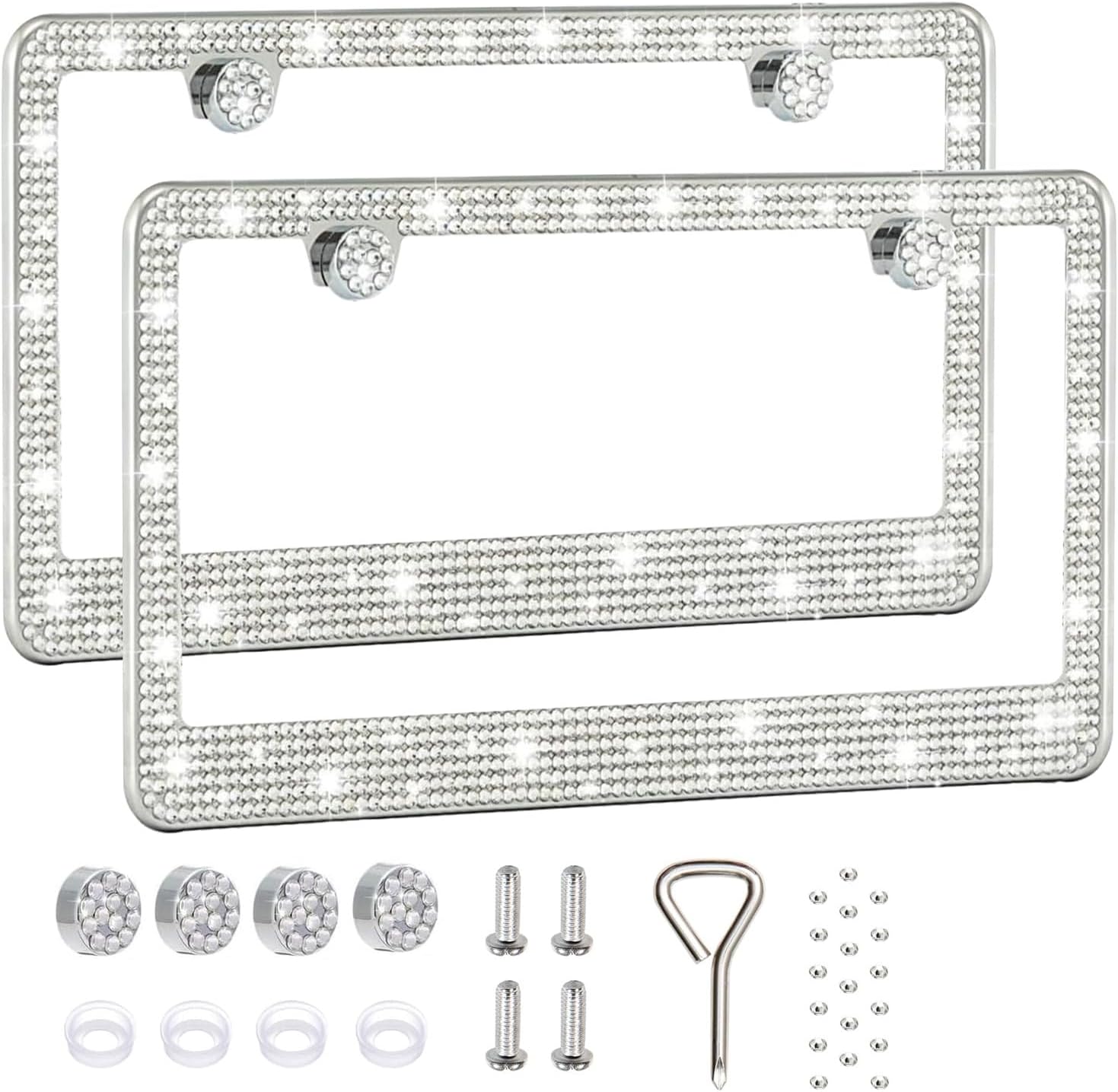 2 Pack License Plate Frames for Women, Sparkly Rhinestone Diamond Car Accessories with Glitter Crystal Caps (White (2PCS))