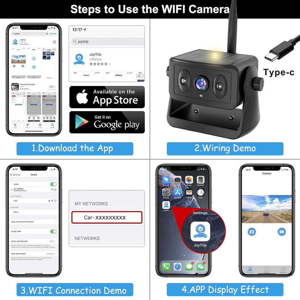 Wireless Backup Camera for RV/Truck/Camper/Trailer - Solar-Powered Strong Magnetic Mount, No Wiring/Drilling, HD Night Vision, Waterproof, Low Power - Works with iPhone & Android (Easy Installation)