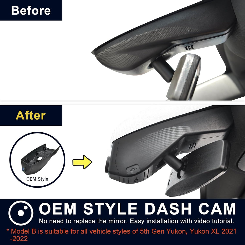 4K Dash Cam Custom fit for GMC Yukon, Yukon XL 2021-2022 (Model B), SLE SLT AT4 Denali, Integrated OEM Look, UHD 2160P Video, WiFi & App, G-Sensor, Loop Recording, Easy to Install, 128GB Card
