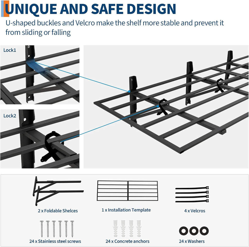 Garage Storage Shelving Wall Mounted, 2 Pack 2x6Ft, Loads 1600 Lbs Heavy Duty Sturdy Shelves, Folding Strong Garage Organiser, Storage Racks Units, Black Metal Floating Adjustable Wall System Shelf