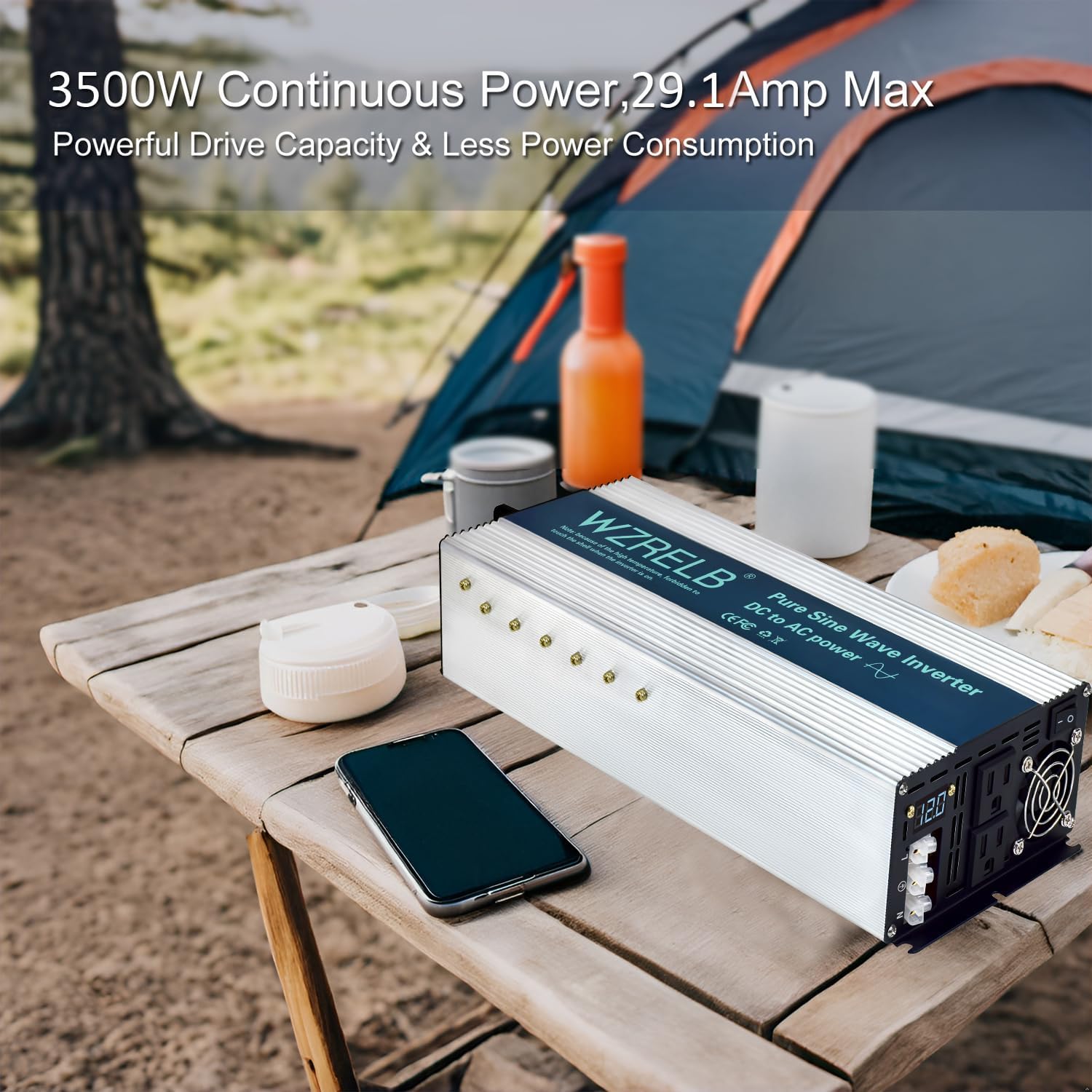 WZRELB 3500W Pure Sine Wave Inverter, Car Power Inverter 72V DC to 110V 120V AC Converter for RV, Truck, Solar, Outdoor with Dual AC Outlets, Hardwire Port, Surge 7000W, LED Display,Off-Grid