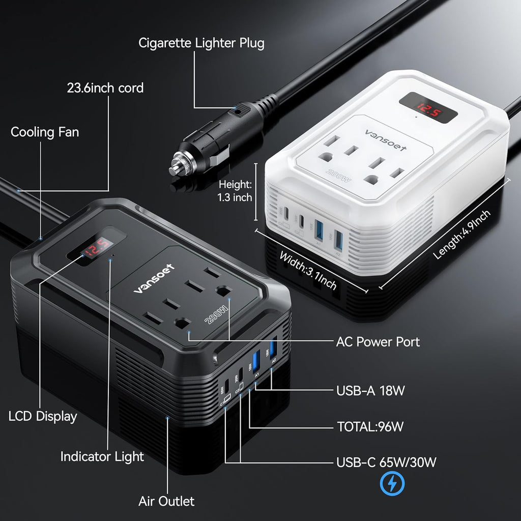 200W Car Power Inverter DC 12V to 110V AC Inverter with PD 65W/30W USB C & 2 QC 18W USB Ports & 2 AC Outlets,Car Pluɡ Adapter Outlet for Laptop/Phone/Road Trip