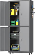 71" H Metal Tool Storage Cabinet with Lock and Wheels, Heavy Duty Garage Cabinet with 4 Doors and 2 Adjustable Shelves, Tool Organizer with Pegboard for Garage, Warehouse (Black&Gray, 71" H)