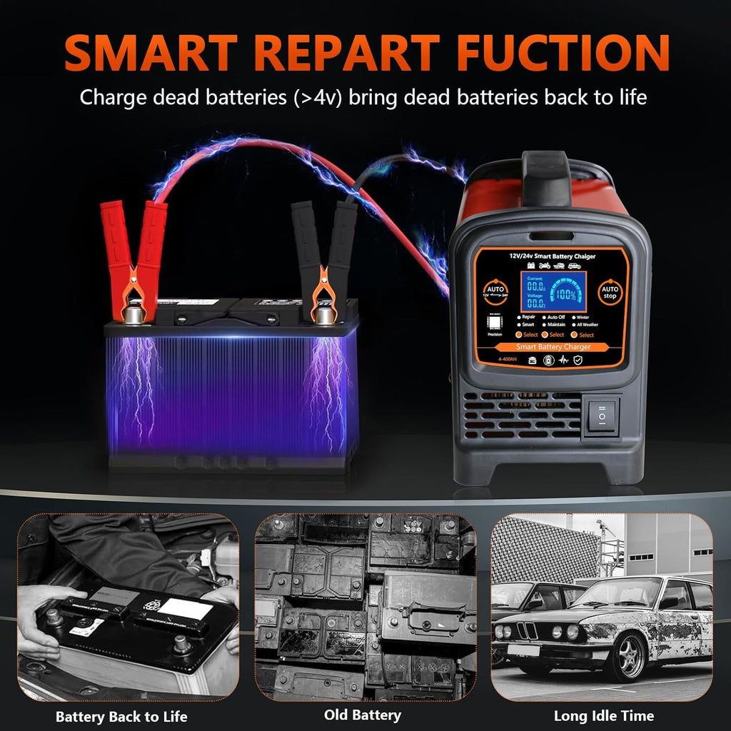 12V 24 Volt Car Battery Charger Heavy Duty, 0-15A Smart Automatic Battery Maintainer, High/Low Power Trickle Charger and Desulfator with Auto Shutoff, Repair, Winter Mode, for Car Truck Boat RV