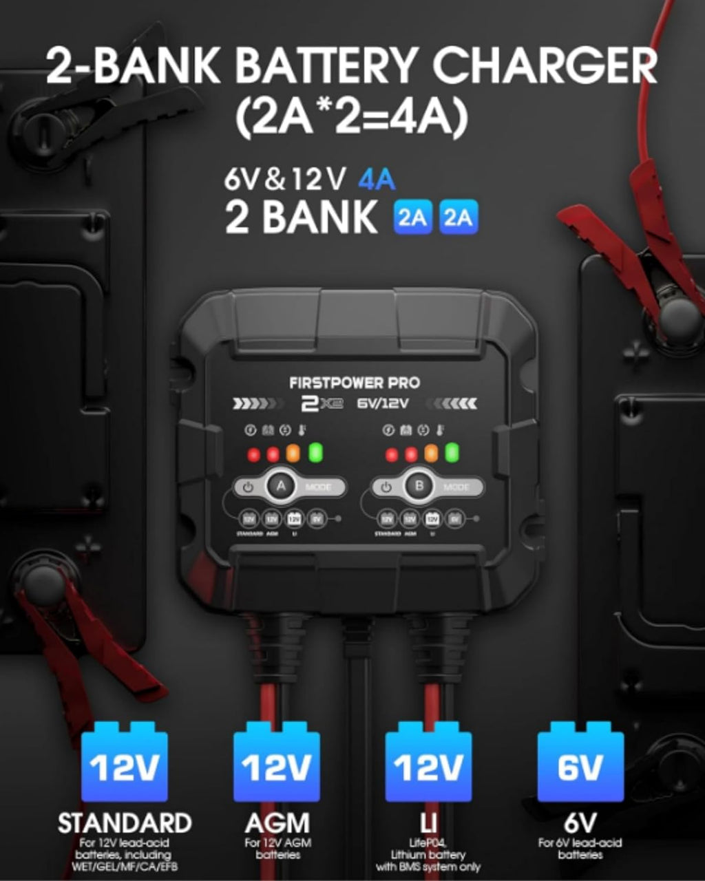 2-Bank, 4A (2A/Bank) Trickle Charger for Car Battery, 12V 6V Car Battery Charger, Automotive Battery Trickle Charger, Battery Maintainer, for Car Motorcycle Lawn Mower AGM, Lithium Batteries