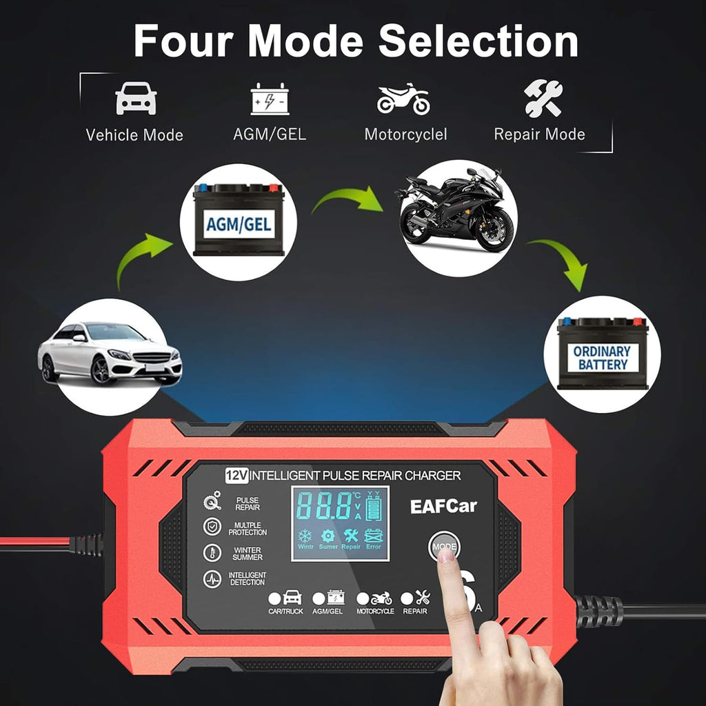 6-Amp Battery Charger, 12V Trickle Charger Car Battery Charger, Smart Automatic Lead Acid Charging with Temperature Compensation for Car Truck Lawn Mower Boat Marine(6A)