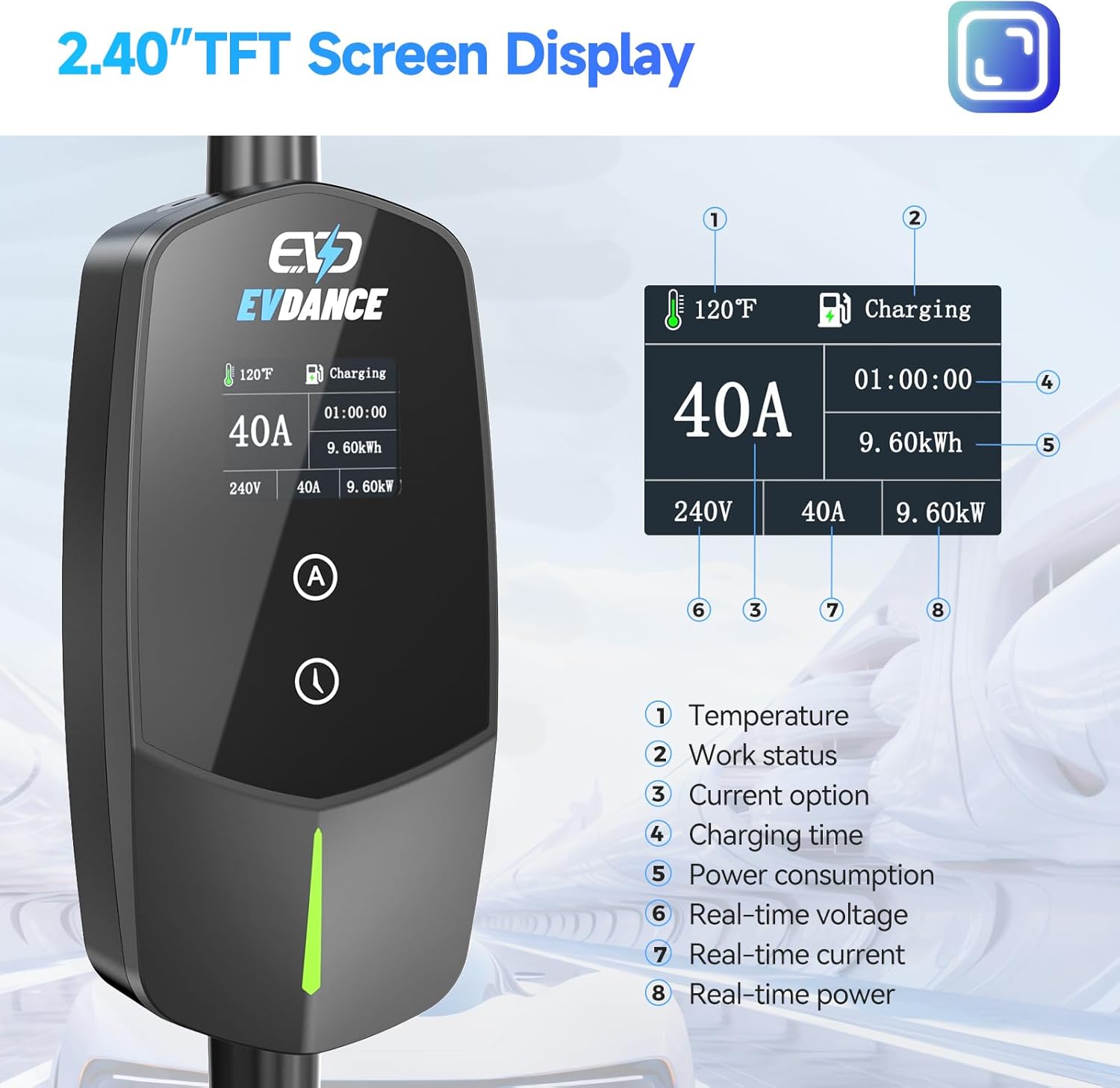 Level 2 EV Charger 40Amp, 240V 9.6KW Portable Electric Vehicle Charging Stations with NEMA 14-50P, 25FT Cable Adjustable Current/Timing Delay Home Electric Car Charger for J1772 BEVs/PHEVs