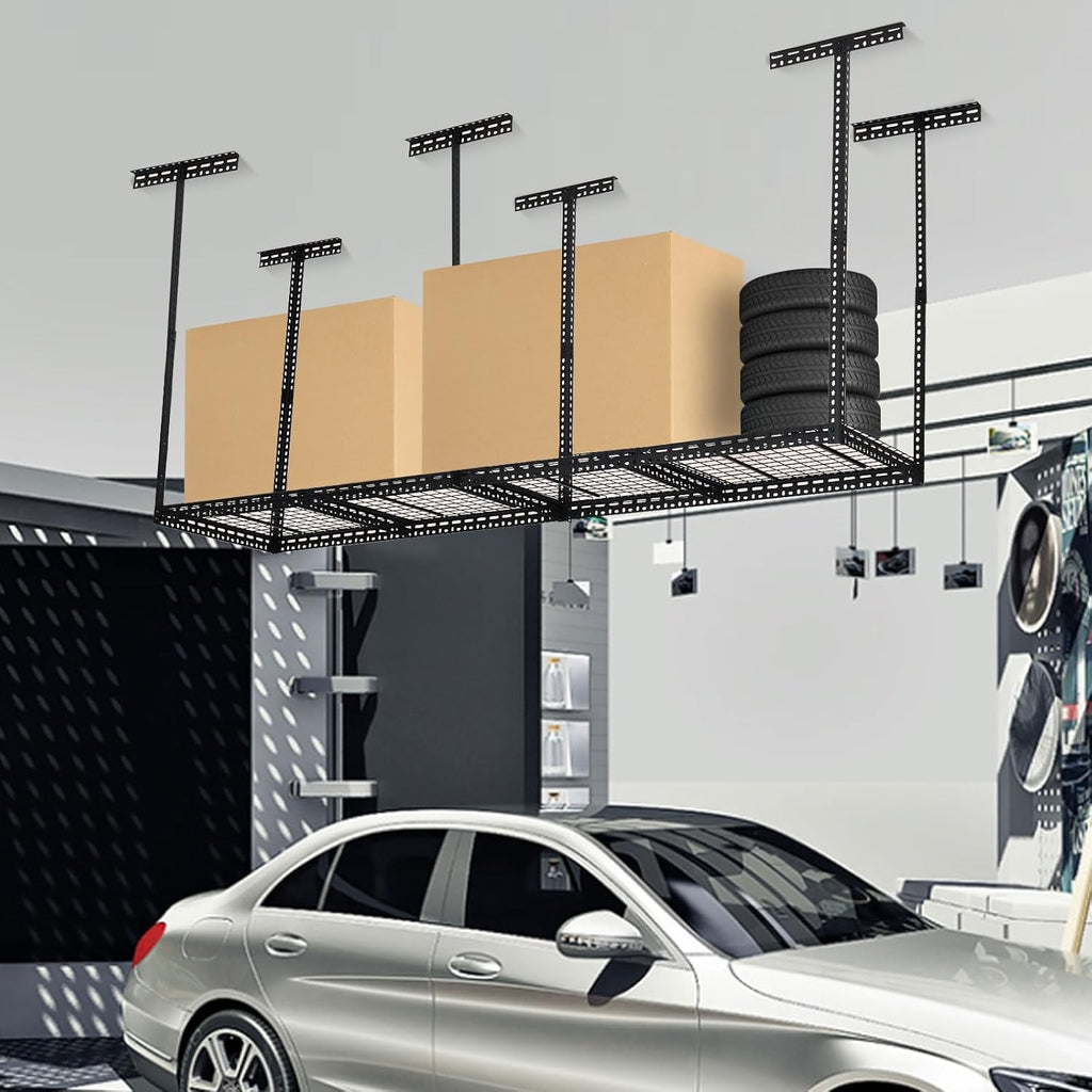Overhead Garage Storage Rack, Heavy Duty Ceiling Storage Racks for Garage, Adjustable Height, 660LBS Weight Loading,2x8 FT Hanging Organizer Shelving for Warehouse Basement, Black