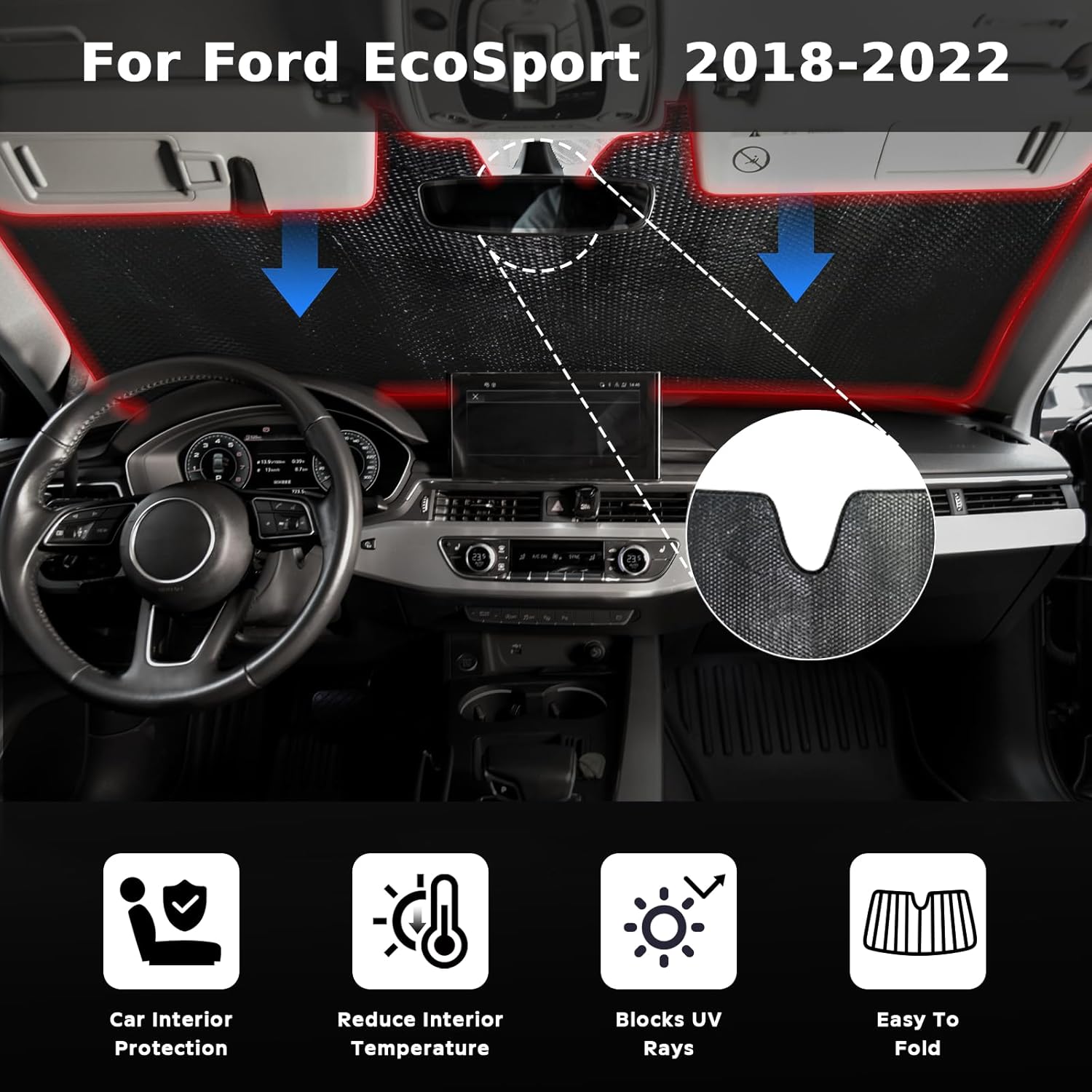 Windshield Sun Shade for Ford EcoSport 2018-2022 - 5-Layer Bubble Foldable Front Window Shade Sun Visor Accessories - Blocks Heat & UV Ray