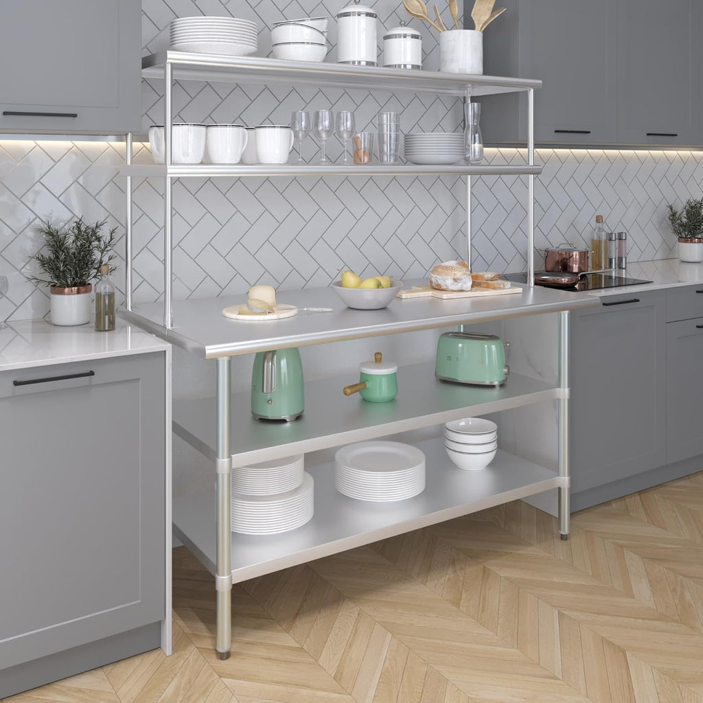 Amgood Stainless Steel Work Table with 2 Shelves | Metal Kitchen Prep Table & Shelving Combo (30" x 60" Table with 2 Shelves + 18" Overshelf)