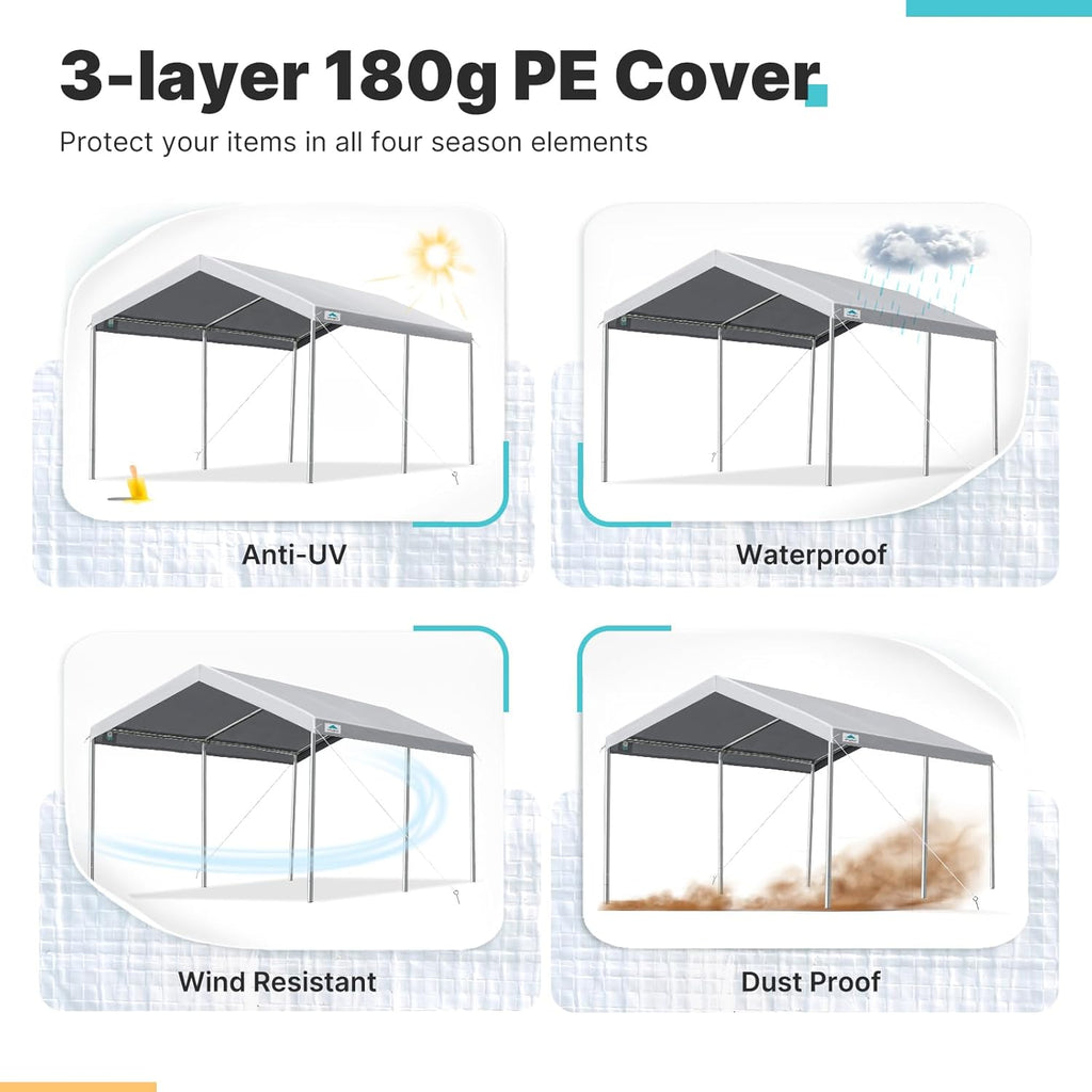 ADVANCE OUTDOOR Adjustable 10x15 ft Heavy Duty Carport Car Canopy Garage Boat Shelter Party Tent, Adjustable Height from 9.5 ft to 11 ft, Gray