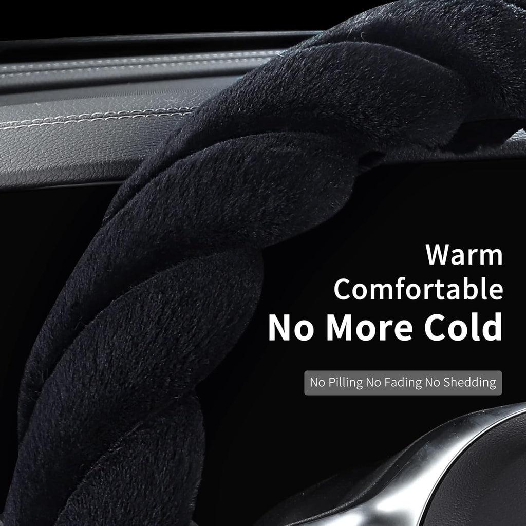 Luxury Fluffy Winter Car Steering Wheel Cover for Women Soft Warm Cute Auto Handle Cover for Jeep, Truck, Van, F150, Fuzzy, Anti Slip, Black, Large Size, 15.2-16in