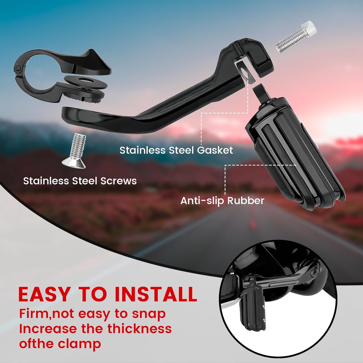 1.25" Highway Pegs, Long Angled Pegs Adjustable for Harley Davidson Touring Road King Road Glide Street Glide Electra Glide Sportster 1 1/4" Engine Guard, Black
