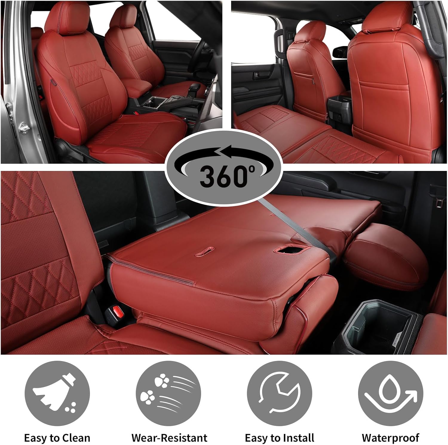EKR Tacoma Back Seat Covers for Toyota Tacoma (Hybrid) 2024 2025 Double cab TRD Sport,TRD Off-Road,Limited,Trailhunter, Truck Rear Seat Cover- Second Row Only,Leather (Burgundy)