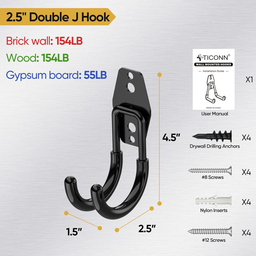 TICONN 2 Pack Heavy Duty Garage Hooks, Steel Utility Wall Storage Hooks, Wall Mount Hanger Organizer for Ladders, Bikes, Tools, Bulky Items (Small, Black Circular)