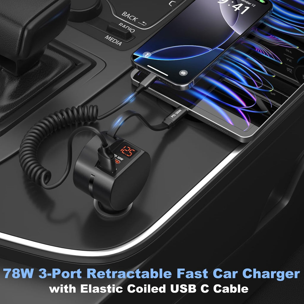 Retractable Car Charger USB C, OKRAY 78W 3-Port 12v Cigarette Lighter Adapter PD30W Fast Charging Type C Car Phone Charger & Coiled USB C Cable for iPhone 16 15 Pro, Samsung Galaxy S25 S24 A16, 2Pack
