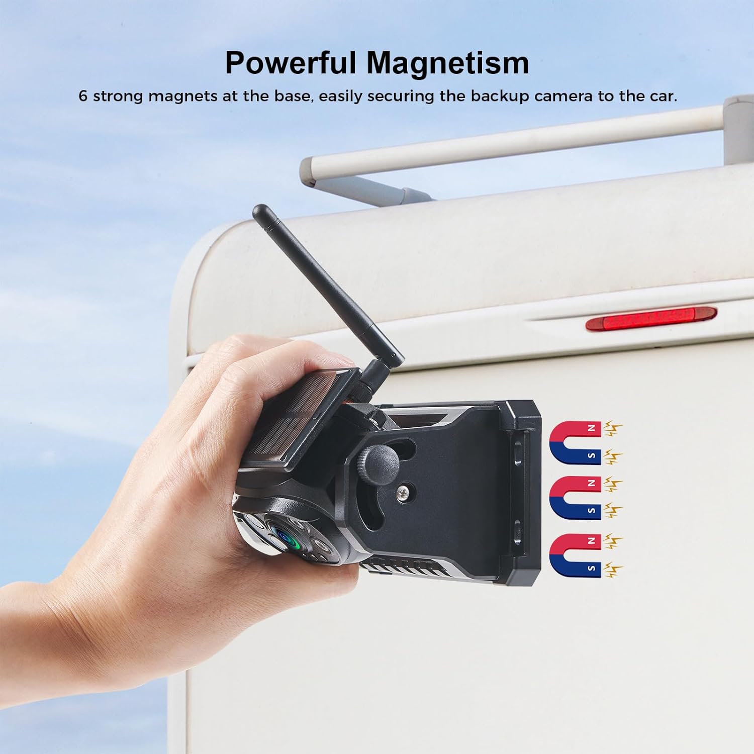 Wireless Magnetic Backup Camera, 9600mAh Battery Powered Rechargeable Waterproof HD Solar Back Up Rear View Bluetooth Hitch Camera with 7 Inch 1080P Monitor System for Car Truck Trailer RV VN003