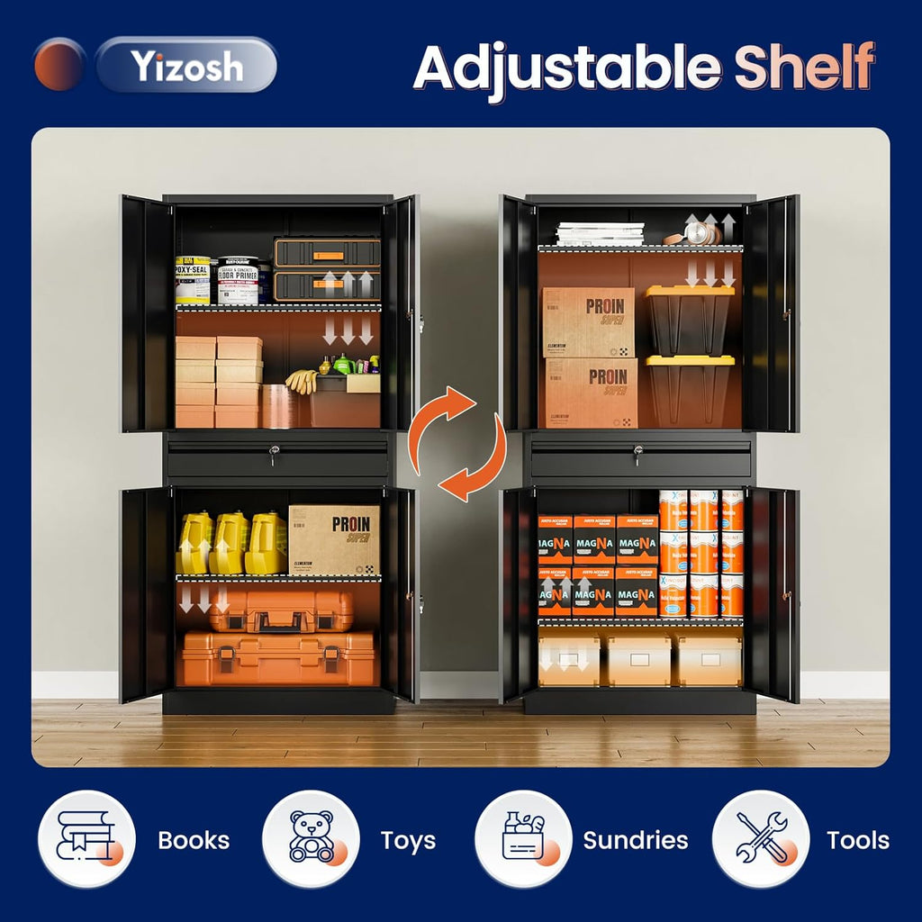 Yizosh Metal Garage Storage Cabinet with Locking Doors and Adjustable Shelves, 71" Tool Storage Cabinet with 1 Drawer for Garage,Warehouse (Black)