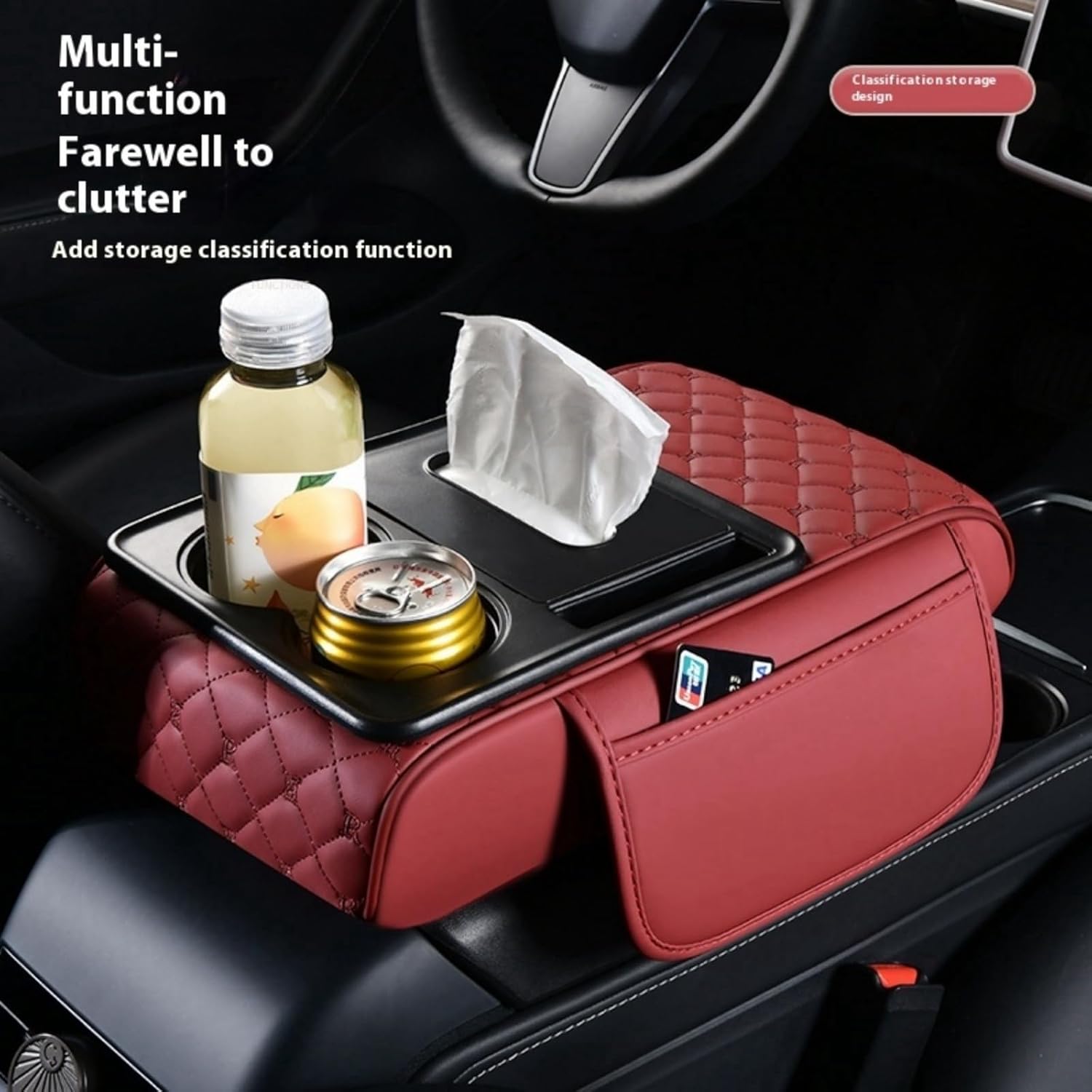 Center Console Cover Organizer, 5-In-1 Arm Rest Cover for Car with Cup Holder & Storage Pocket & Tissue Holder, Armrest Cover Cushion Pad, Grid, Orange
