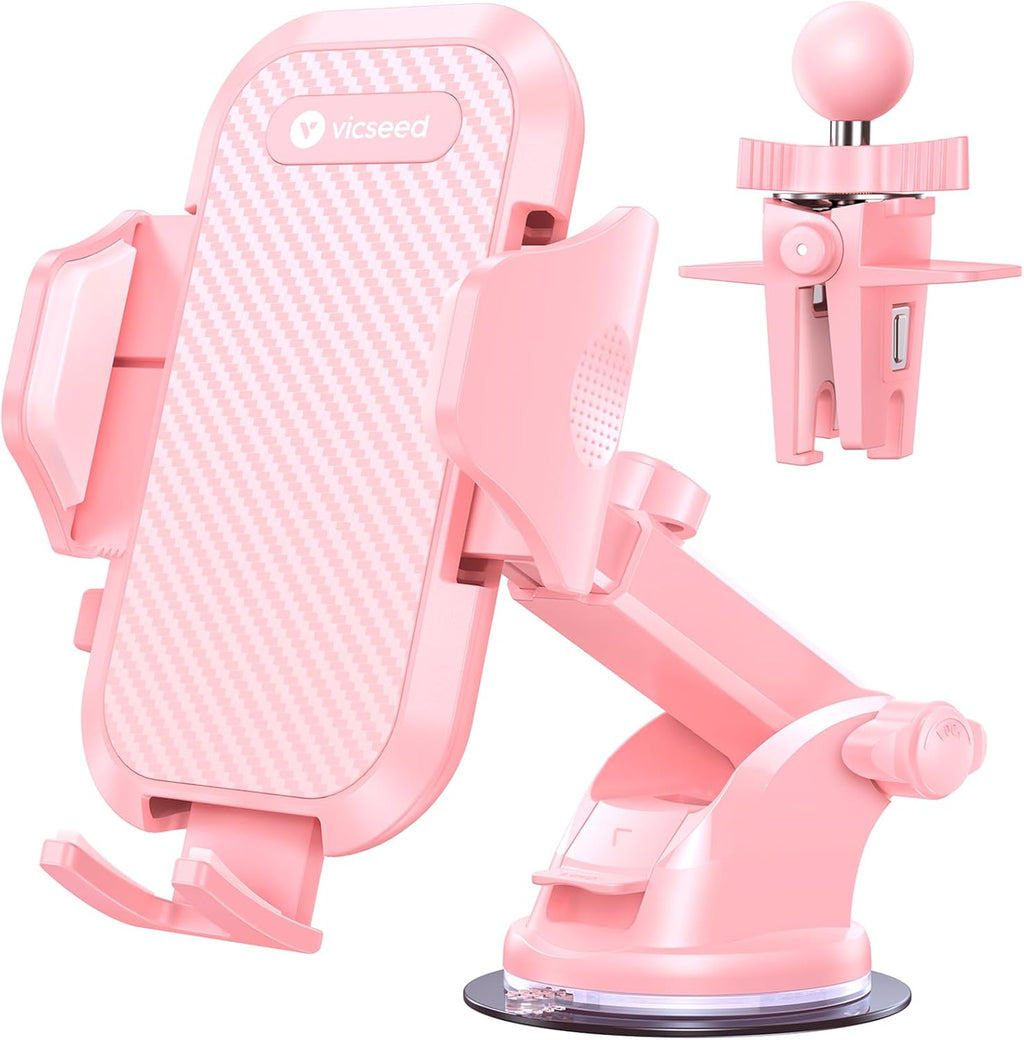 VICSEED Pink Phone Holders for Your Car, [True Military-Grade Strongest Suction Power], 3-in-1 Dashboard Windshield Vent, Truck Boat Stand Cell Phone Mount for iPhone Android All Phones