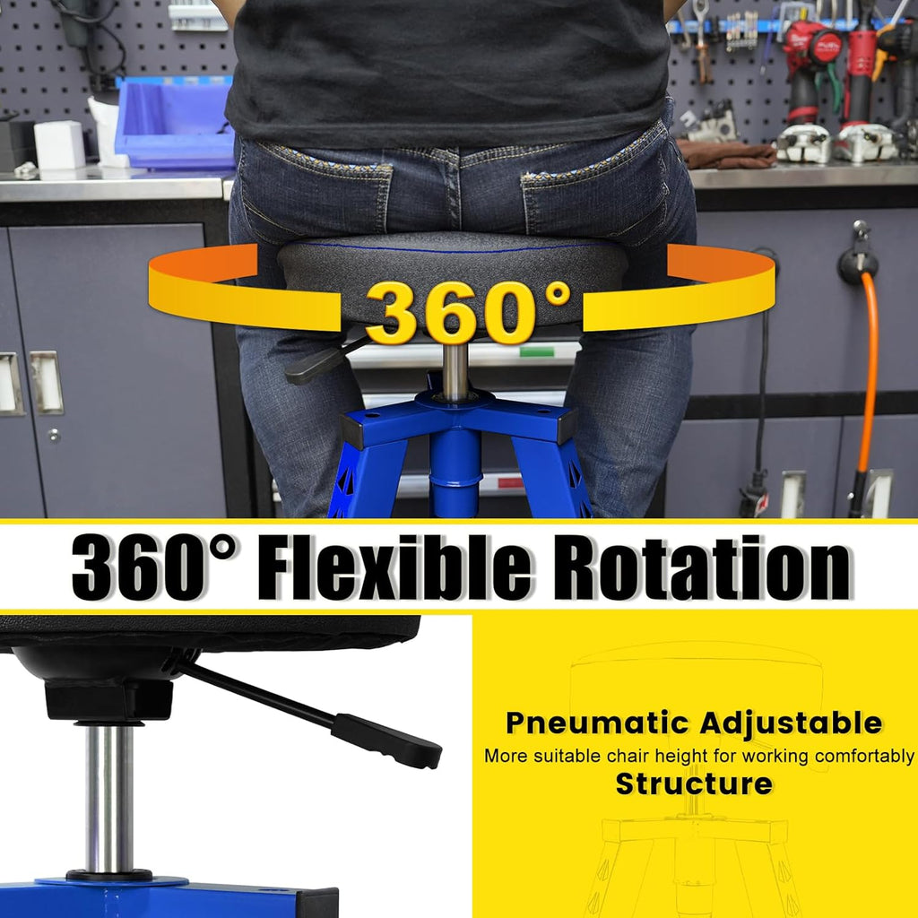 Adjustable Tall Shop Stool, Mechanics Garage Stool Chair, Work Metal Chair for Workshop, Adjustable Height, 360° Swivel Padded Seat, Tool Tray Storage, 350 LBS Capacity, Heavy Duty, Blue