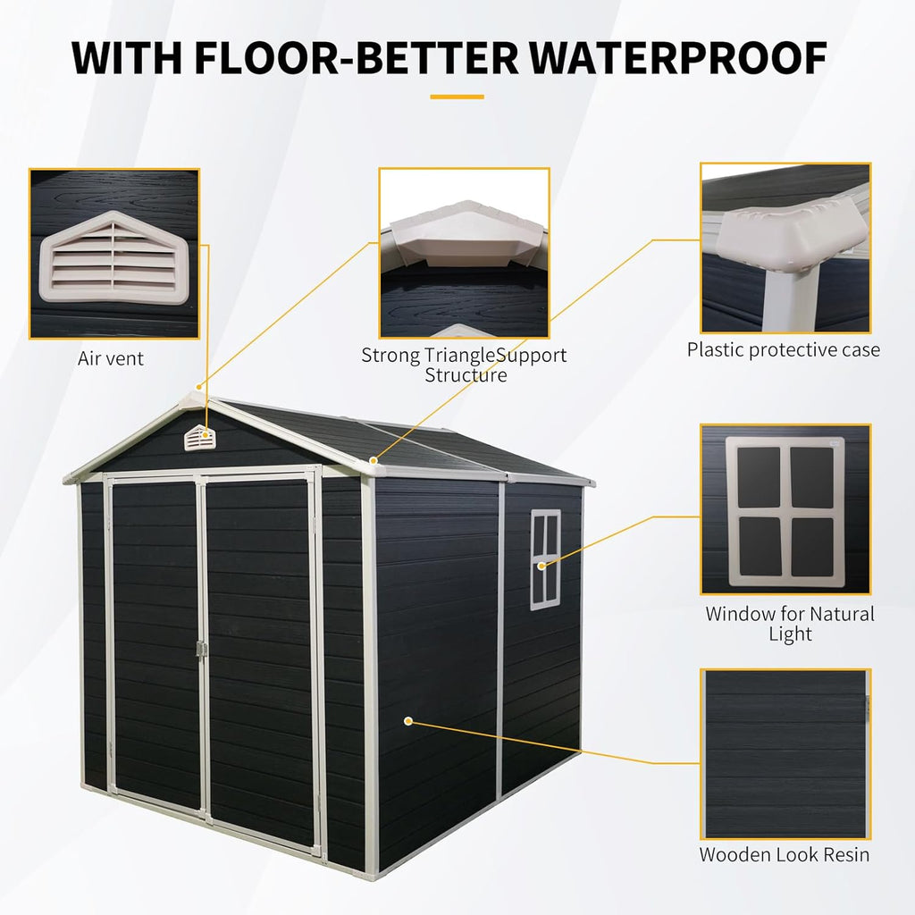 6x8 FT Outdoor Storage Shed, Resin Garden Shed with Thick Floor, Plastic Storage Shed with Window, Waterproof Outside Tool Shed with Lockable Hinged Doors for Backyard, Patio, Lawn, Black