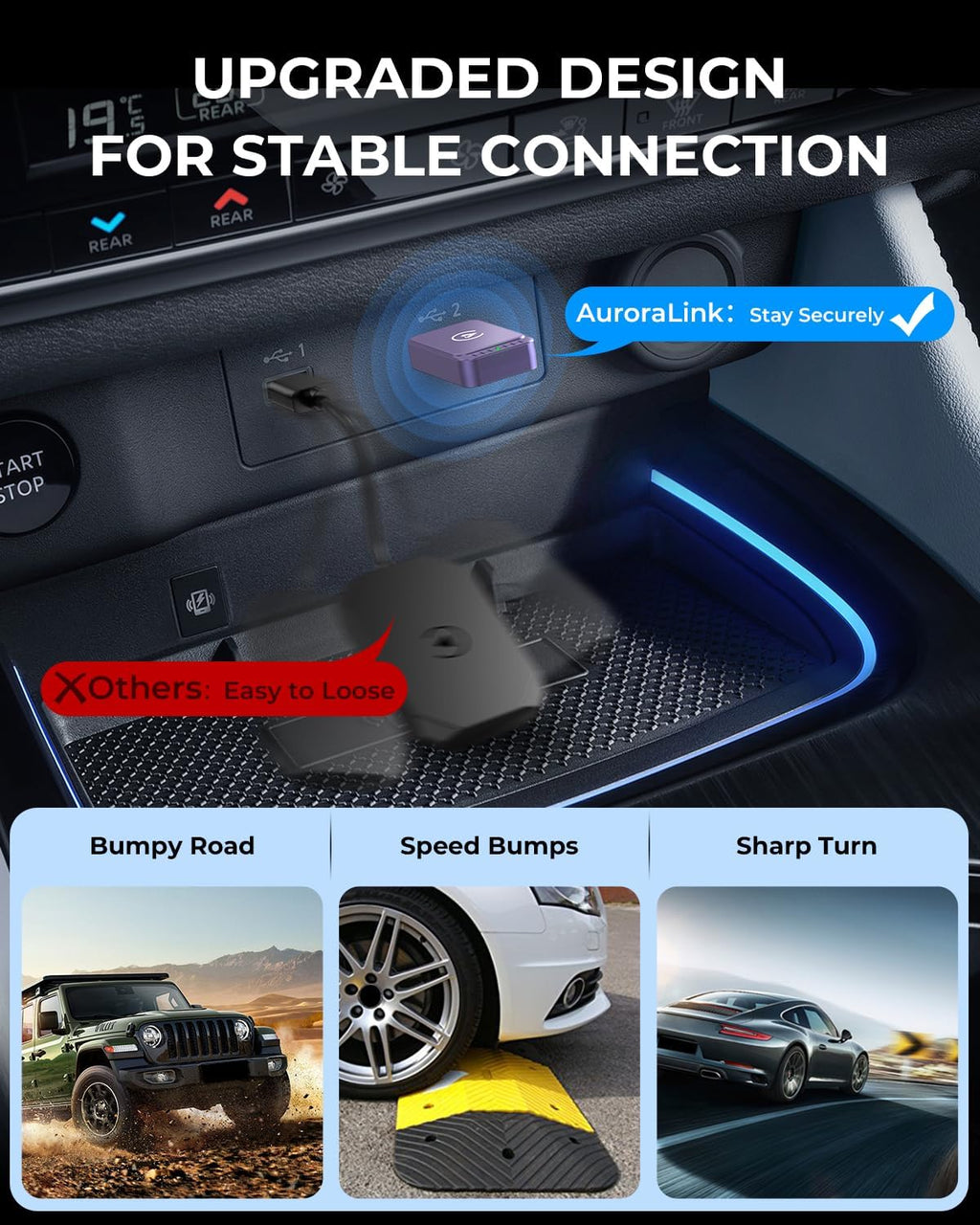 AuroraLink Wireless Carplay Adapter & Android Auto Wireless Adapter 2-in-1 Fast & Stable Carplay Wireless Adapter Convert Wired to Wireless Car Play Adapter for iOS 10+/Android 11+ (Dark Purple)