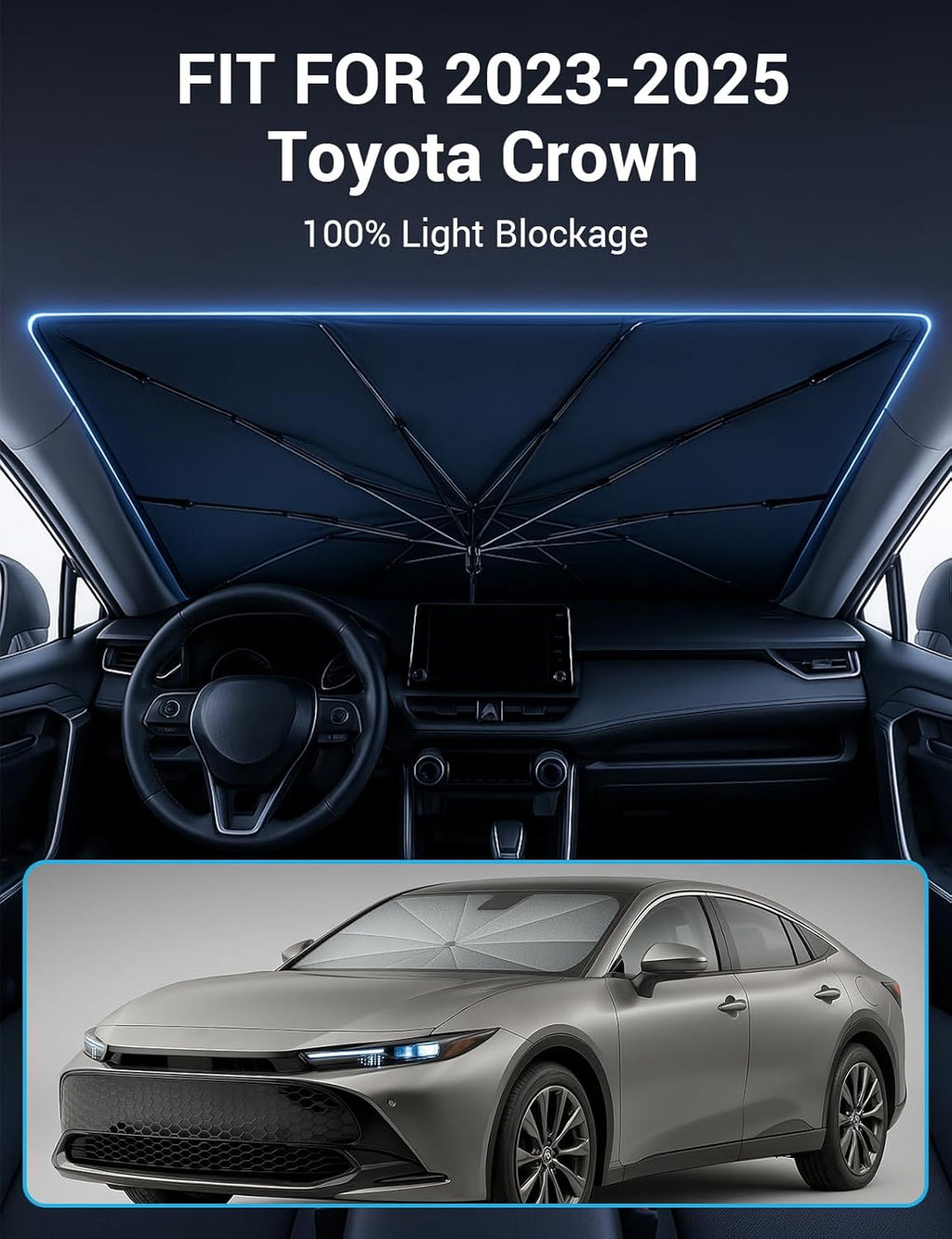 Proadsy Windshield Sun Shade Umbrella for Toyota Crown 2023-2025 2026 Foldable Car Umbrella Sunshade with Soft TPU Handle Spring Structure Crystal Cooling Material Protect Car from Rays & Heat