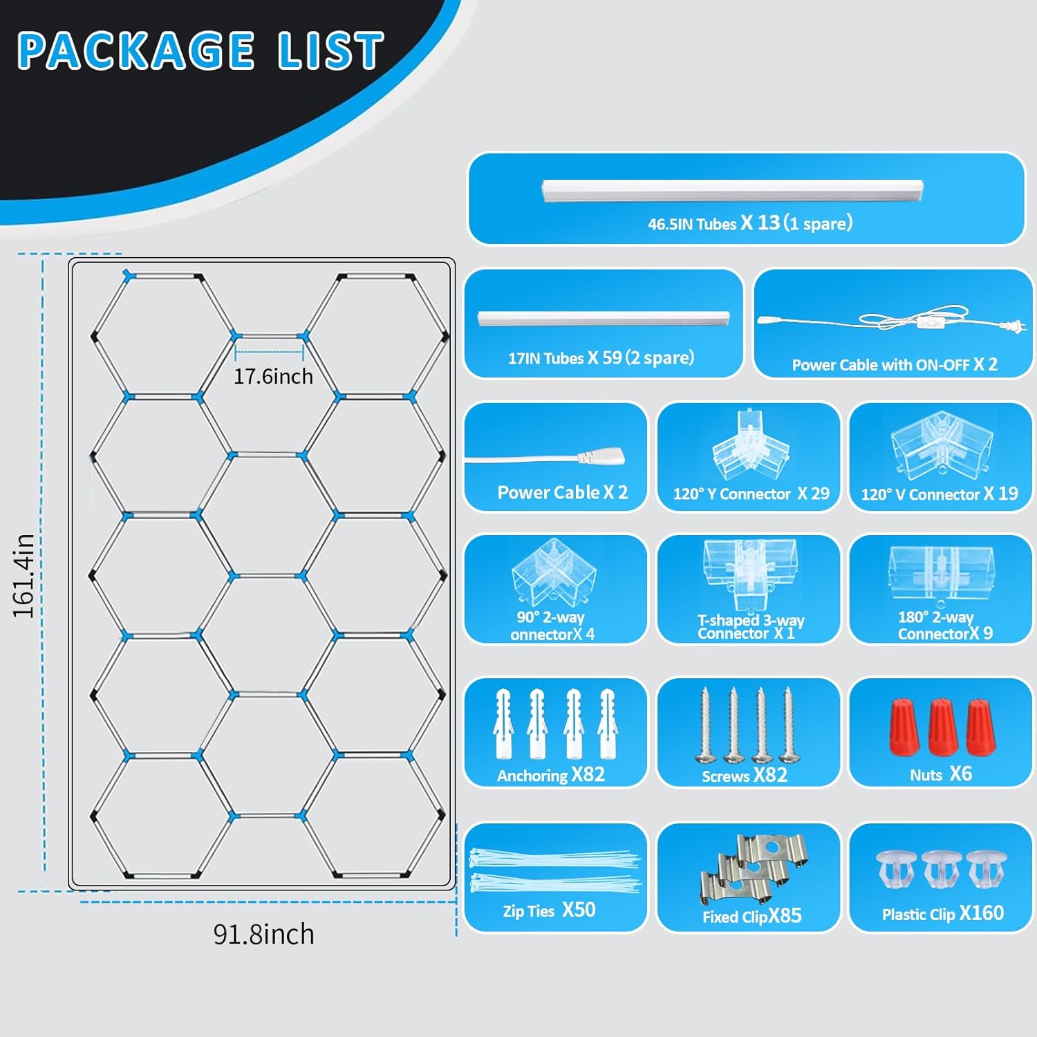 tewei Hexagon LED Garage Lights with Rectangle Frame, 900W 90000LM 6500K, Ultra-Bright Hexagon LED Shop Lights for Garage, 14 Grids Hex Ceiling Light for Workshop, Warehouse, Gym, Car Detailing Shop