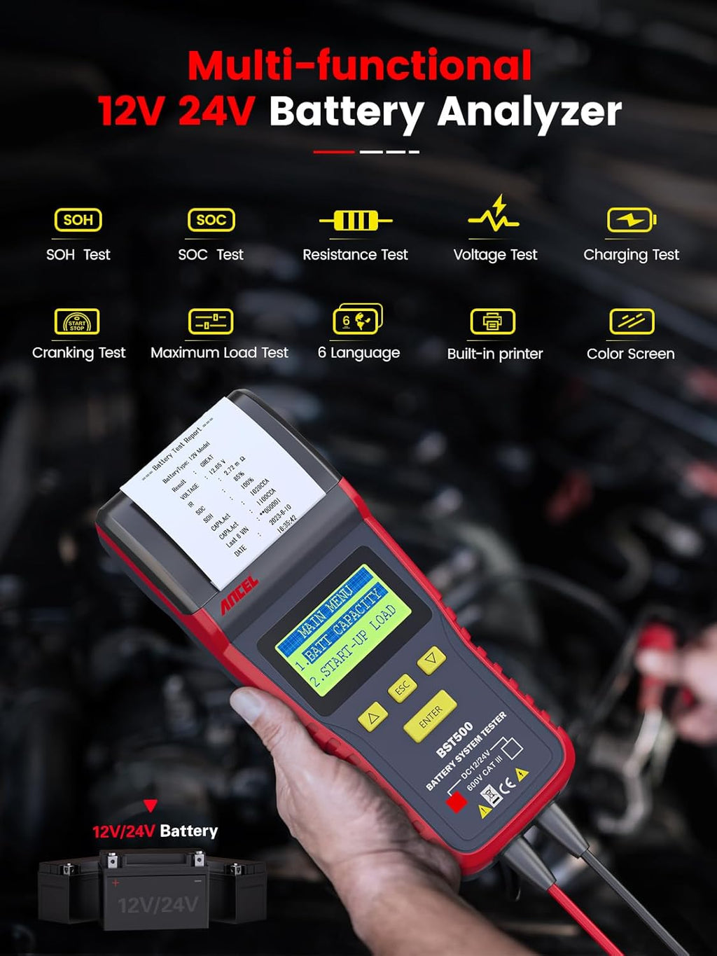 ANCEL BST500 Car Battery Tester with Printer, 12v 24v Automotive Battery Load Tester, Cranking Charging System Analyzer, 99.99% Accuracy for Car Motorcycles Truck SUV ATV RV and More